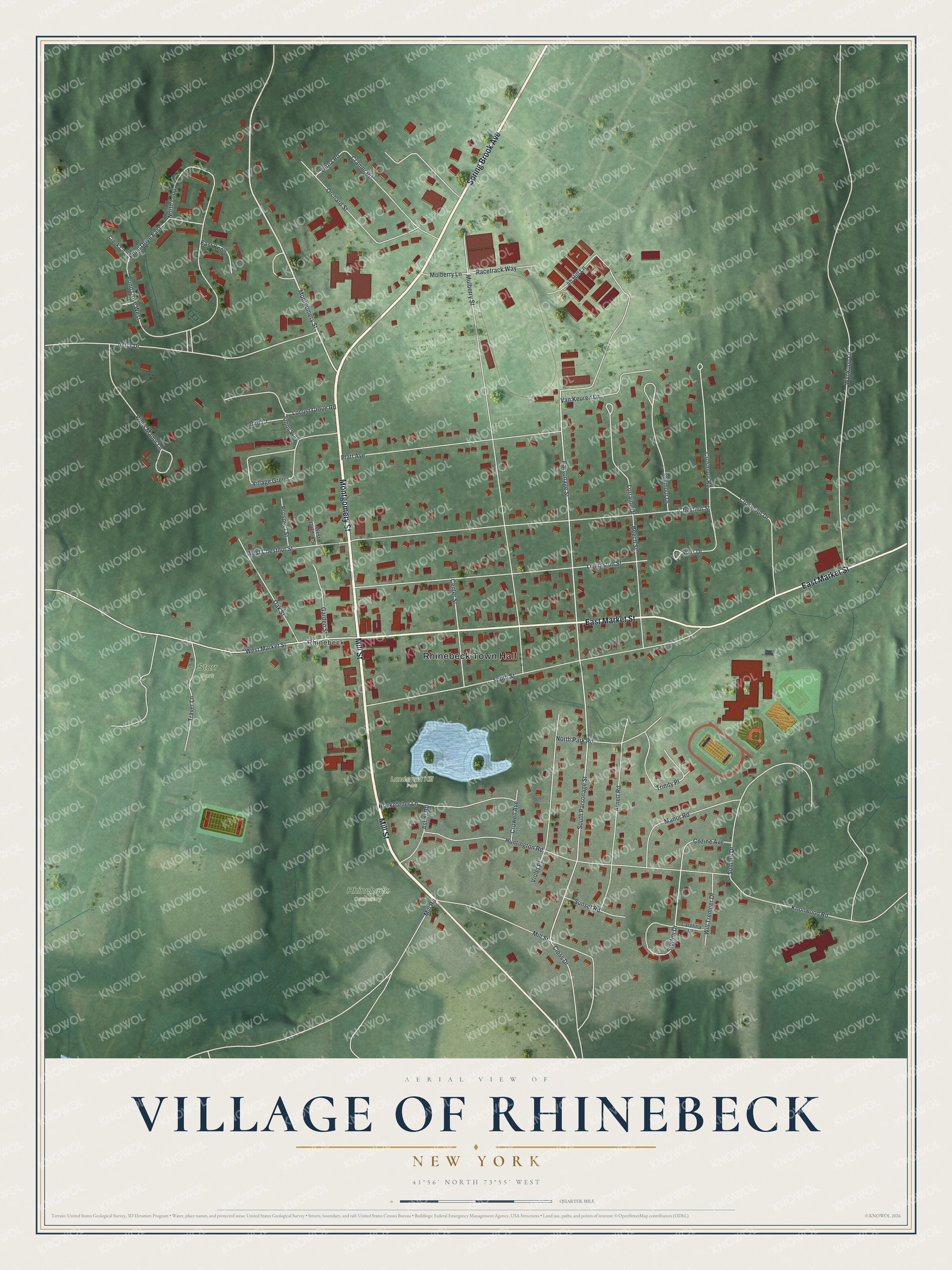 Detailed map of the Village of Rhinebeck, New York, showing streets, buildings, and parks