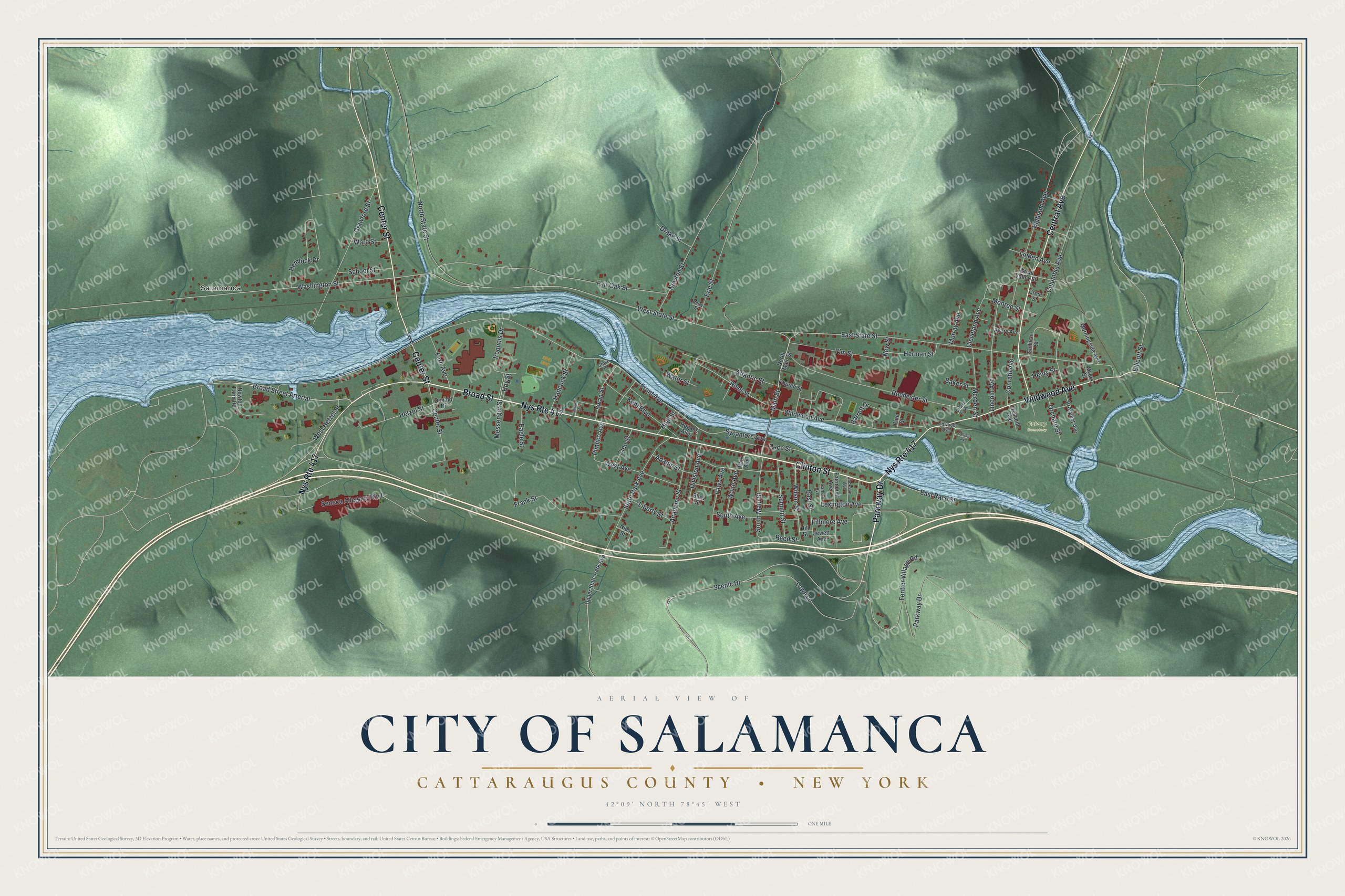 Detailed map of the City of Salamanca, Cattaraugus County, New York, showing streets, buildings, and parks