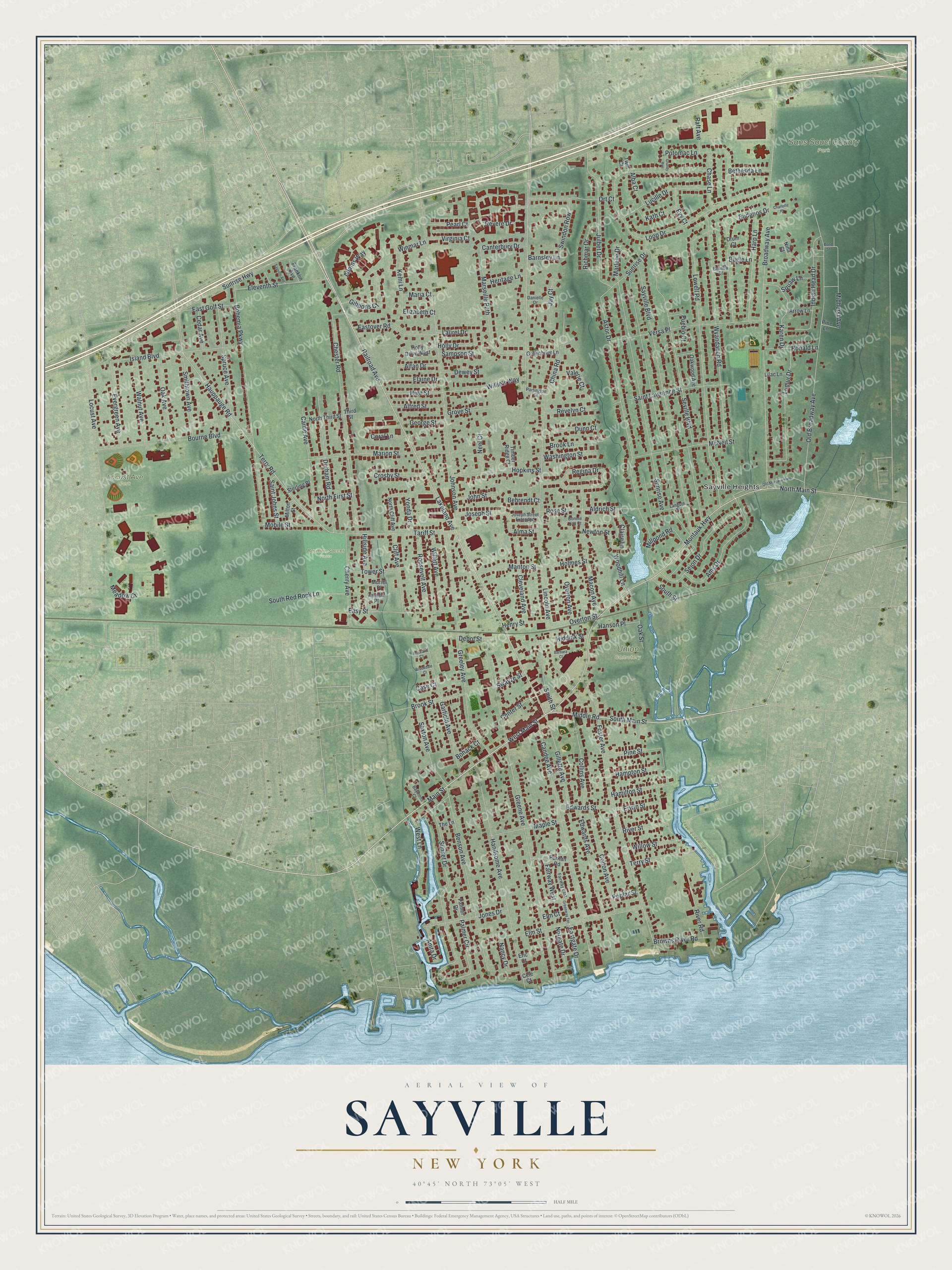 Watermarked full-map preview of Sayville, New York