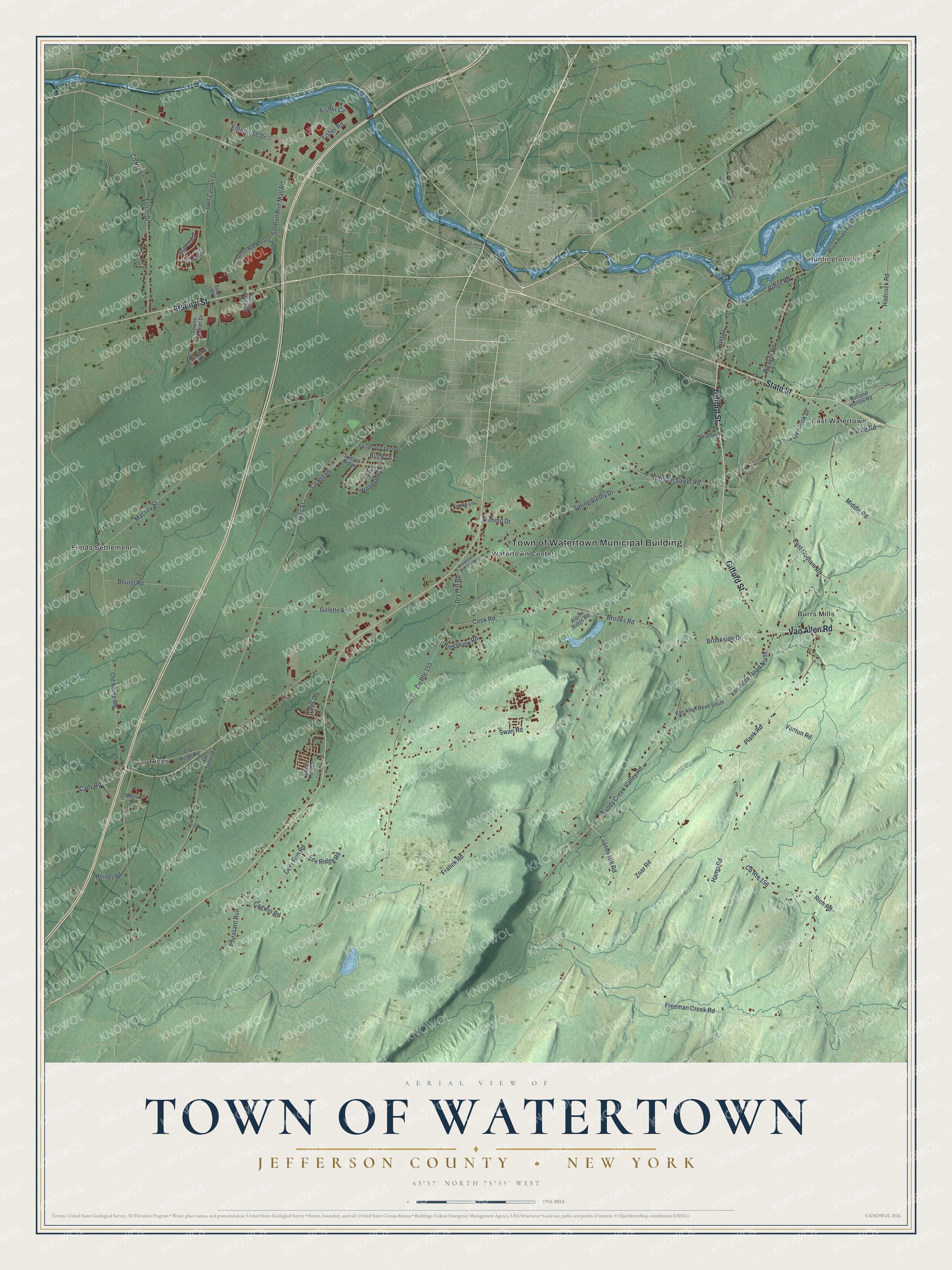 Watermarked full-map preview of Watertown, New York