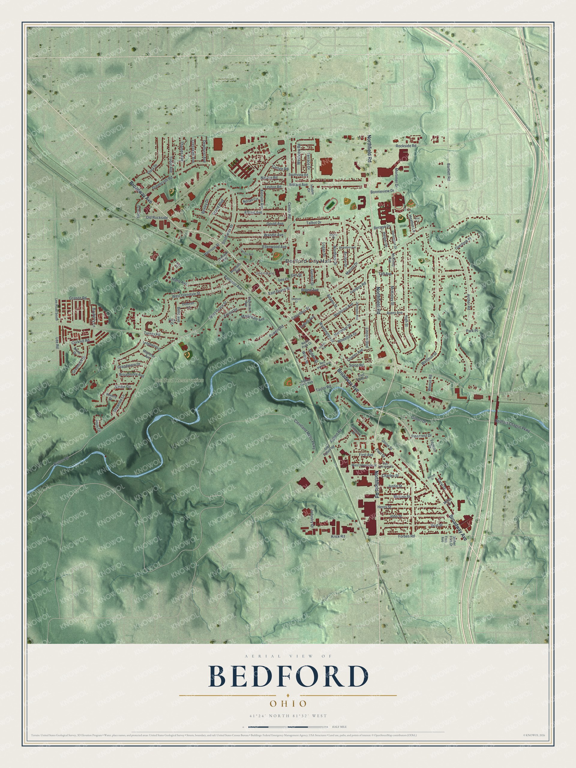 Watermarked full-map preview of Bedford, Ohio