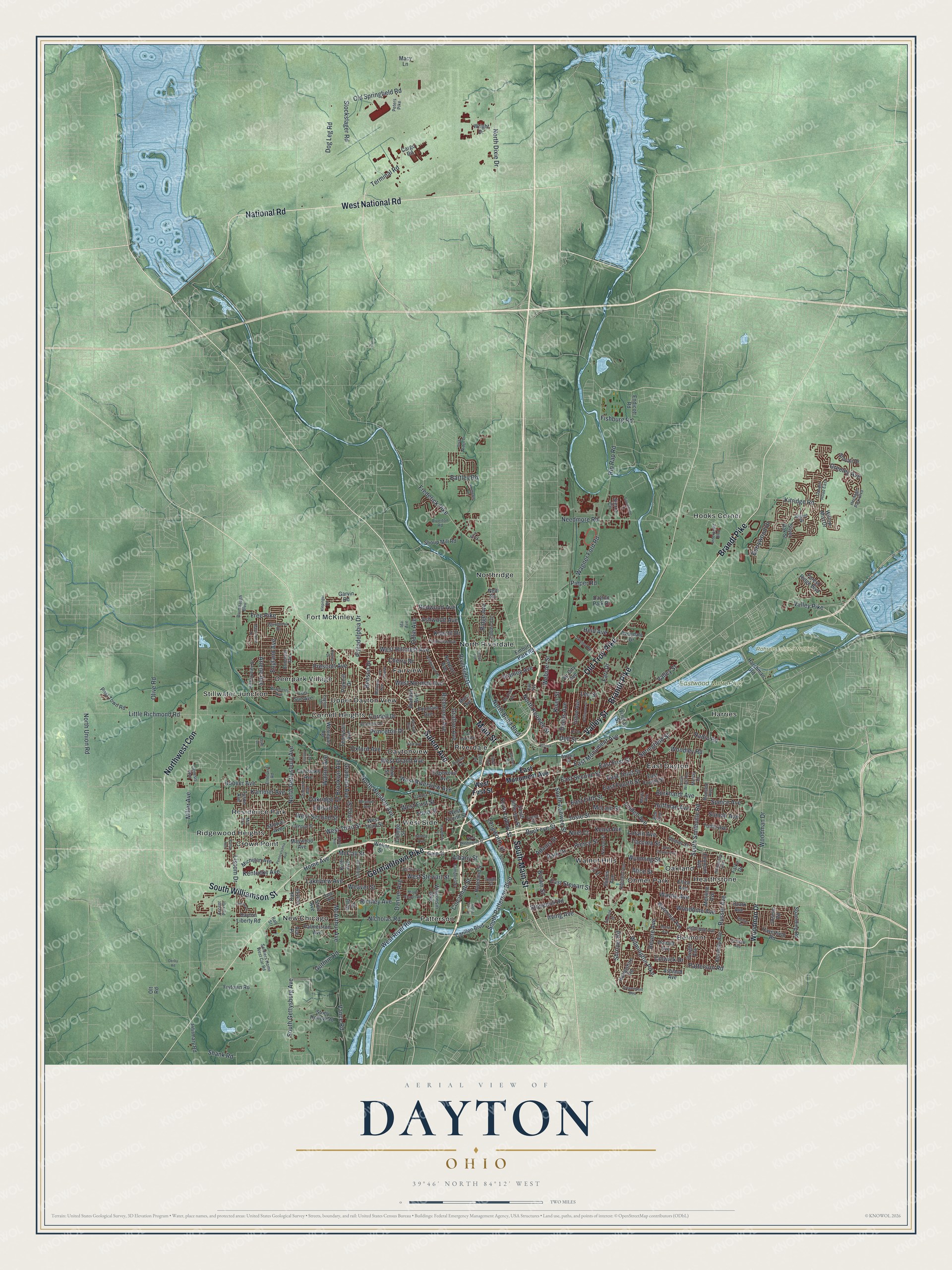 Map of Dayton, Ohio, with the city in dark red where rivers meet, green shaded hills to the north and two long lakes along the top edge