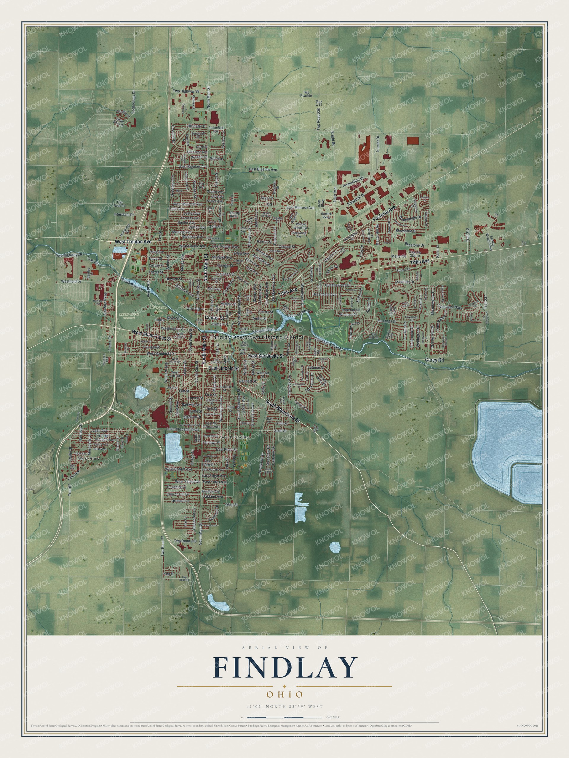 Map of Findlay, Ohio with the Blanchard River winding past downtown, Tiffin and Fostoria avenues heading northeast, and farm fields around the city