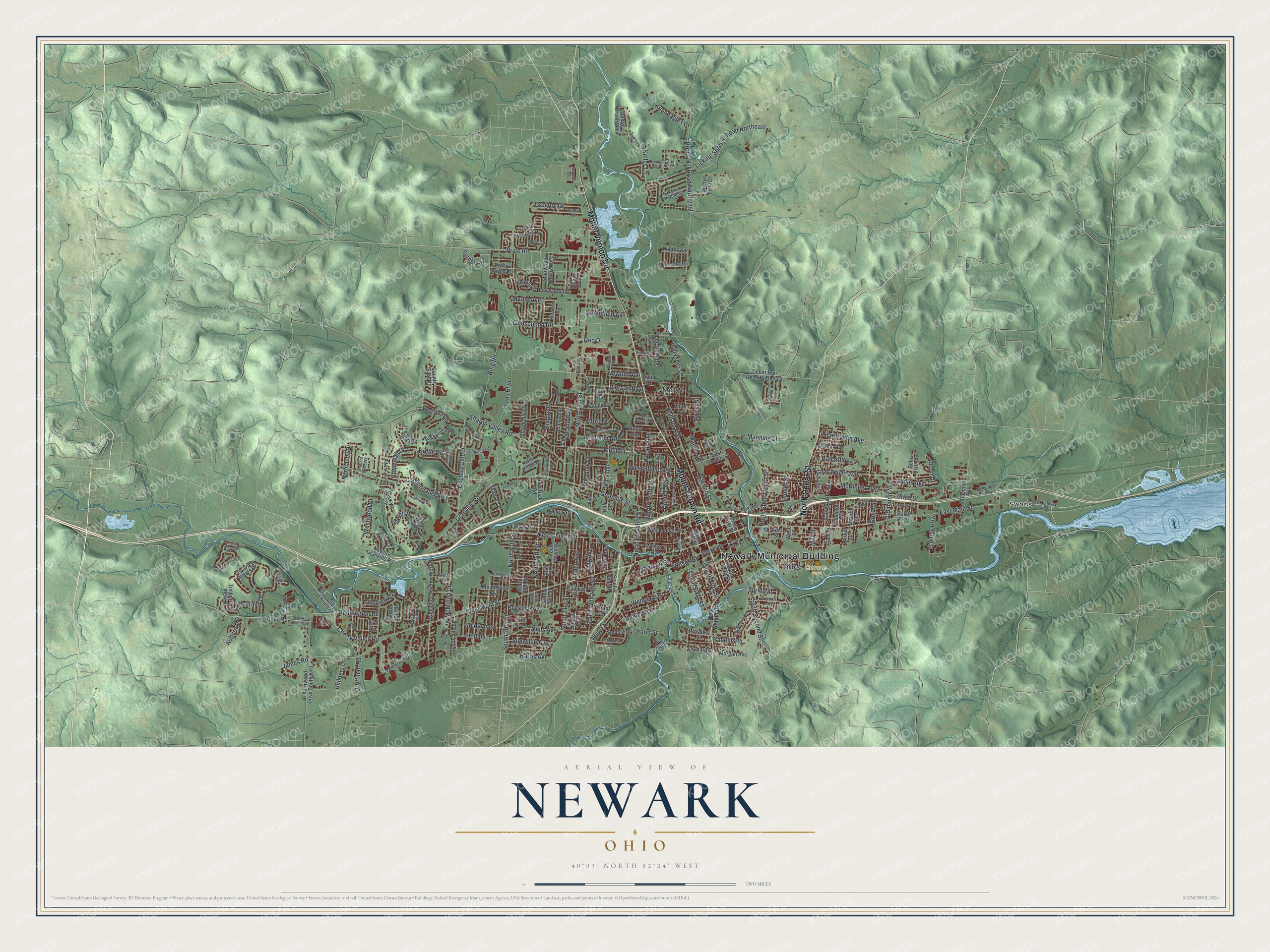 Map of Newark, Ohio with red buildings along a winding river, a wide lake at the right edge and green shaded hills all around