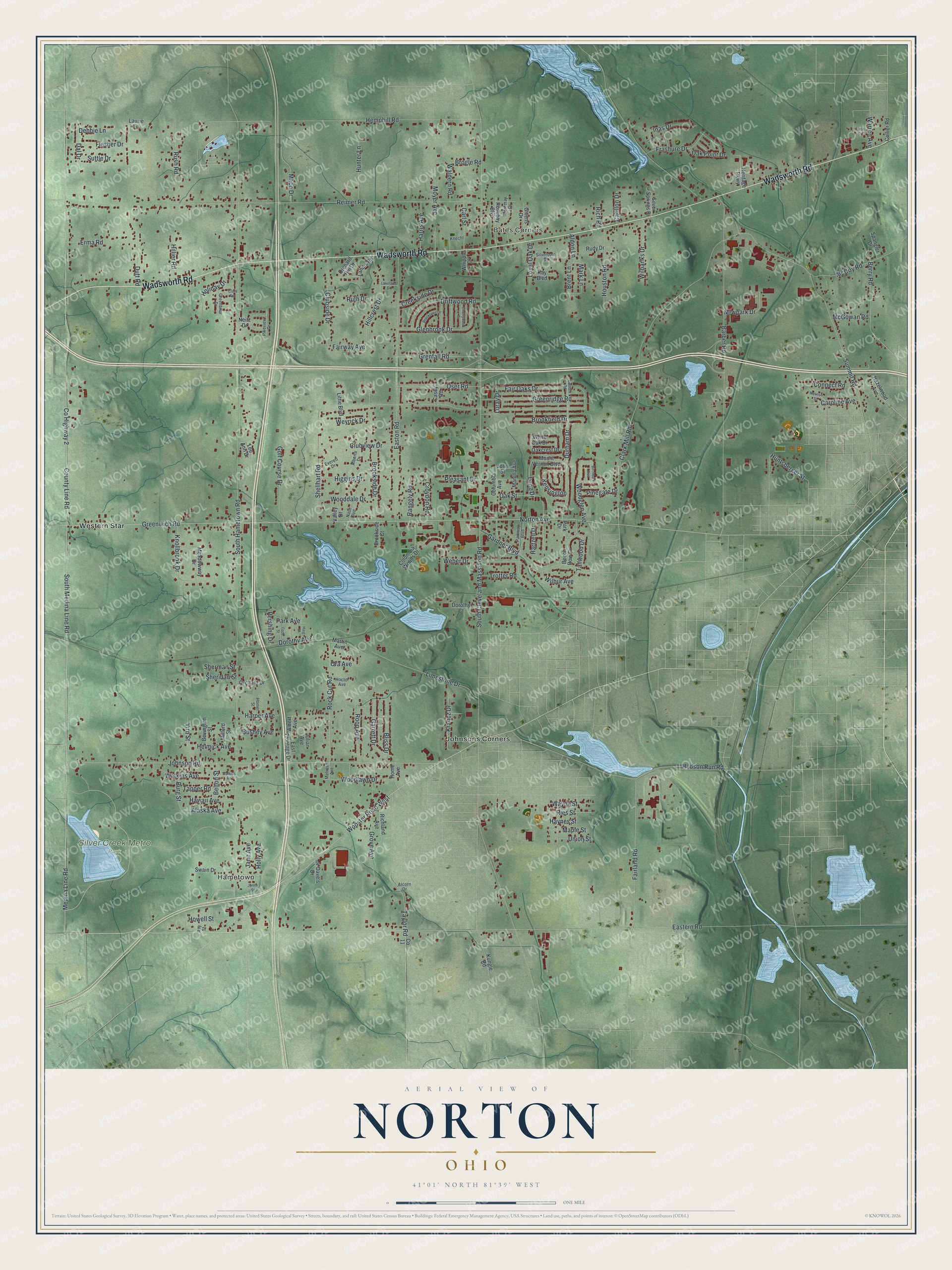 Full Norton, Ohio map with red buildings across shaded green hills, blue water, named roads and a cream title panel