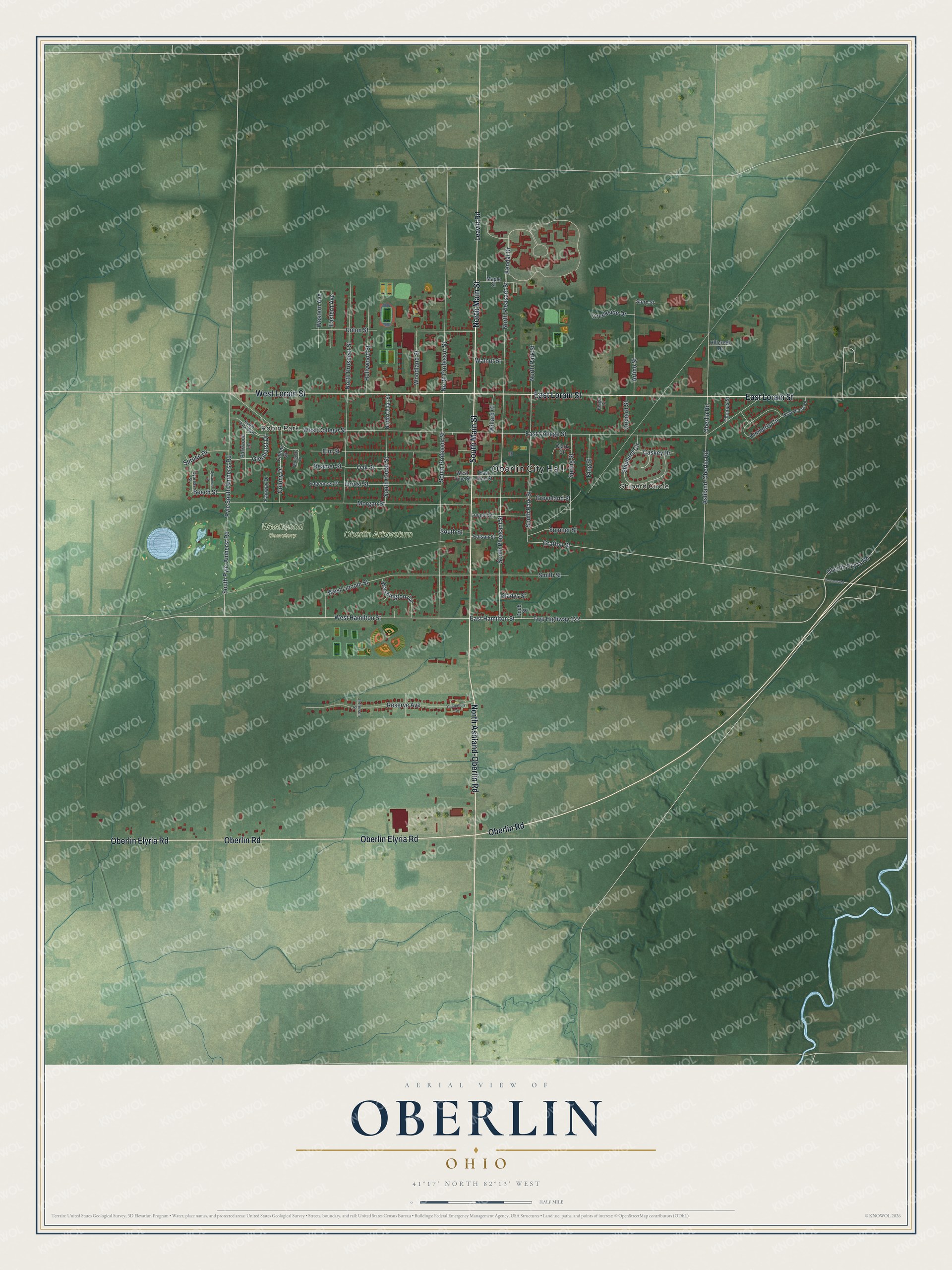 Map of Oberlin, Ohio with Main and Lorain streets crossing downtown, Westwood Cemetery, the Arboretum and farm fields all around