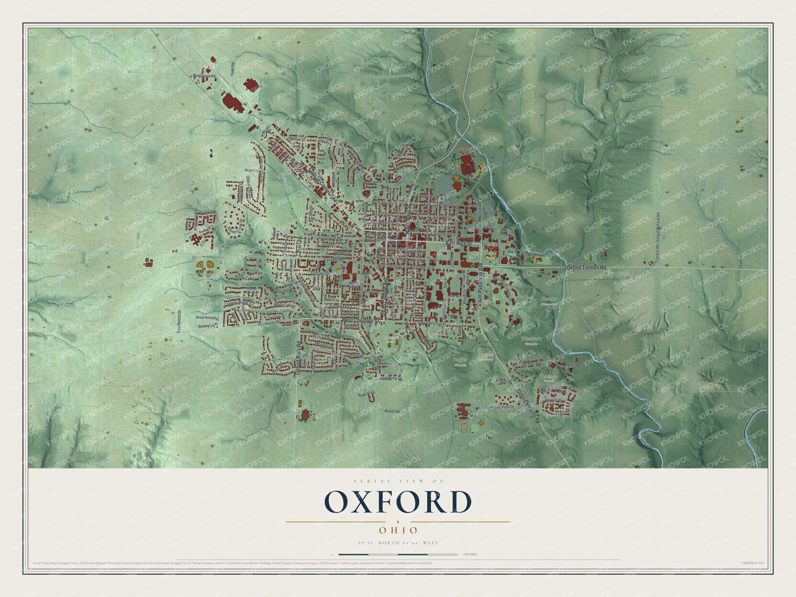 Map of Oxford, Ohio with its downtown grid, College Corner Pike running northwest, a winding creek to the east and shaded green hills around town