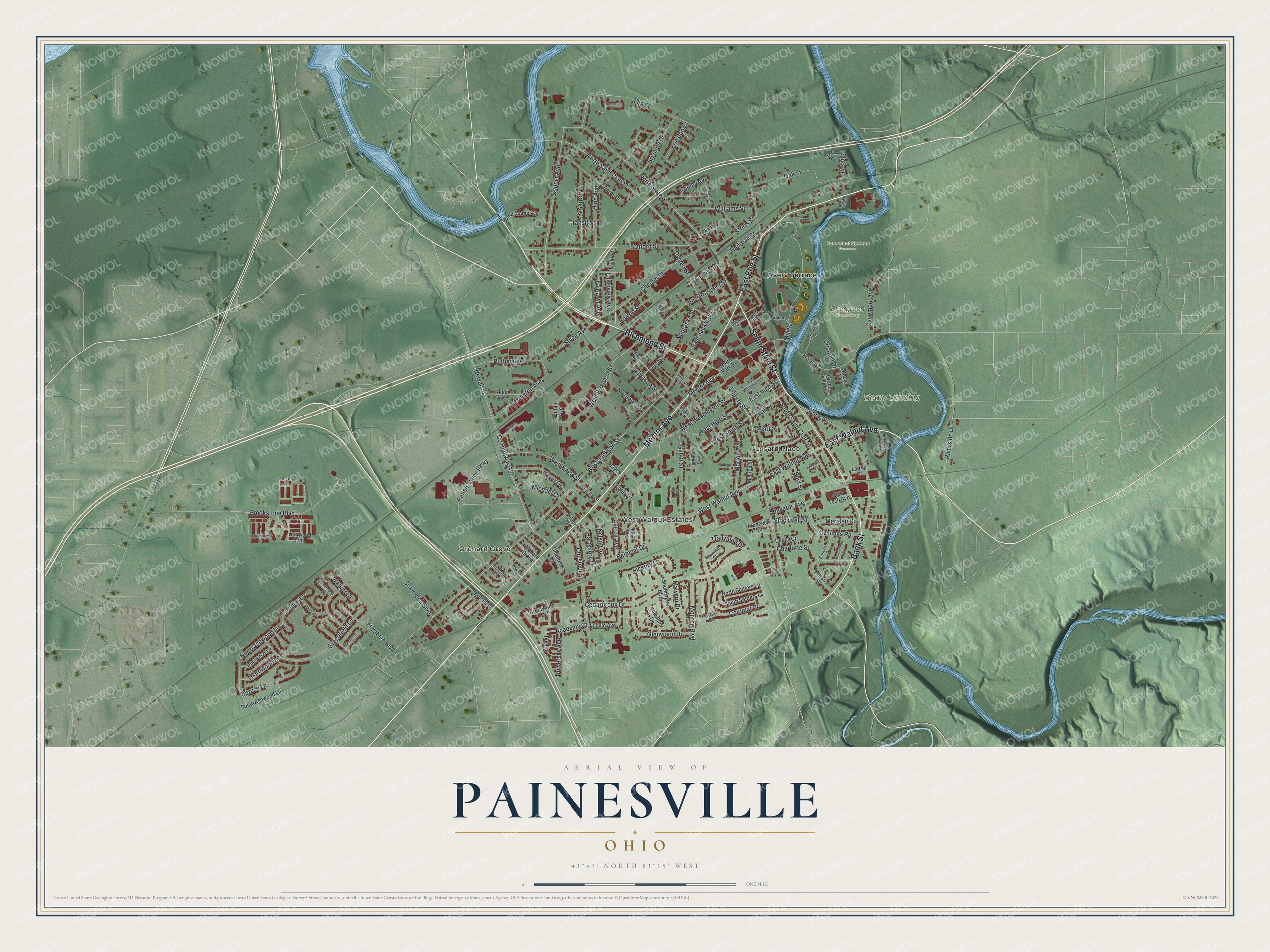 Map of Painesville, Ohio with a winding blue river on the east side, shaded green hills and thousands of red buildings from Orchard Grove to Casement Springs Preserve