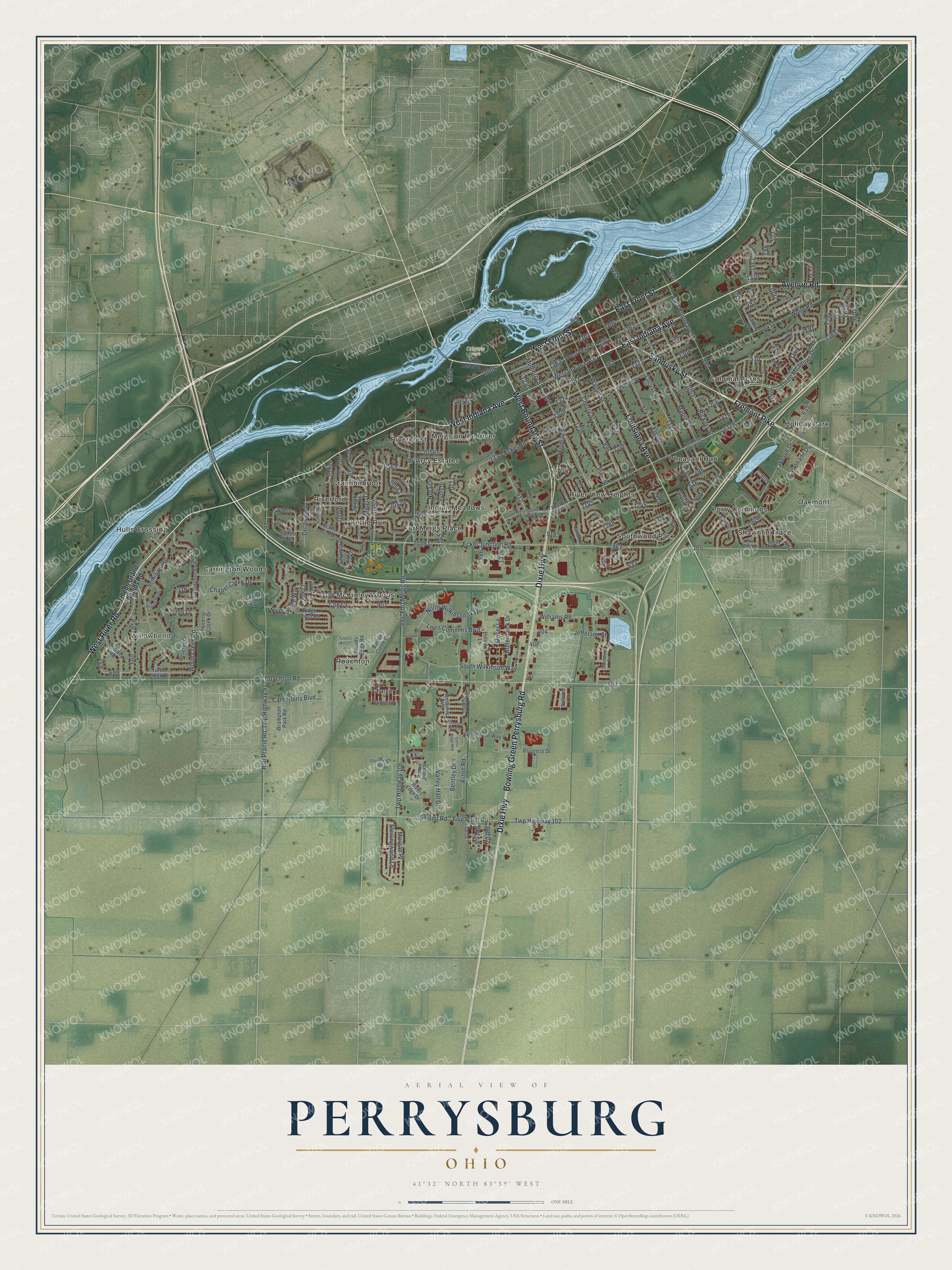 Map of Perrysburg, Ohio showing its street grid along Louisiana Avenue beside a bend in an unlabeled river, neighborhoods out to Roachton and Hulls Crossing, and farm fields south of town