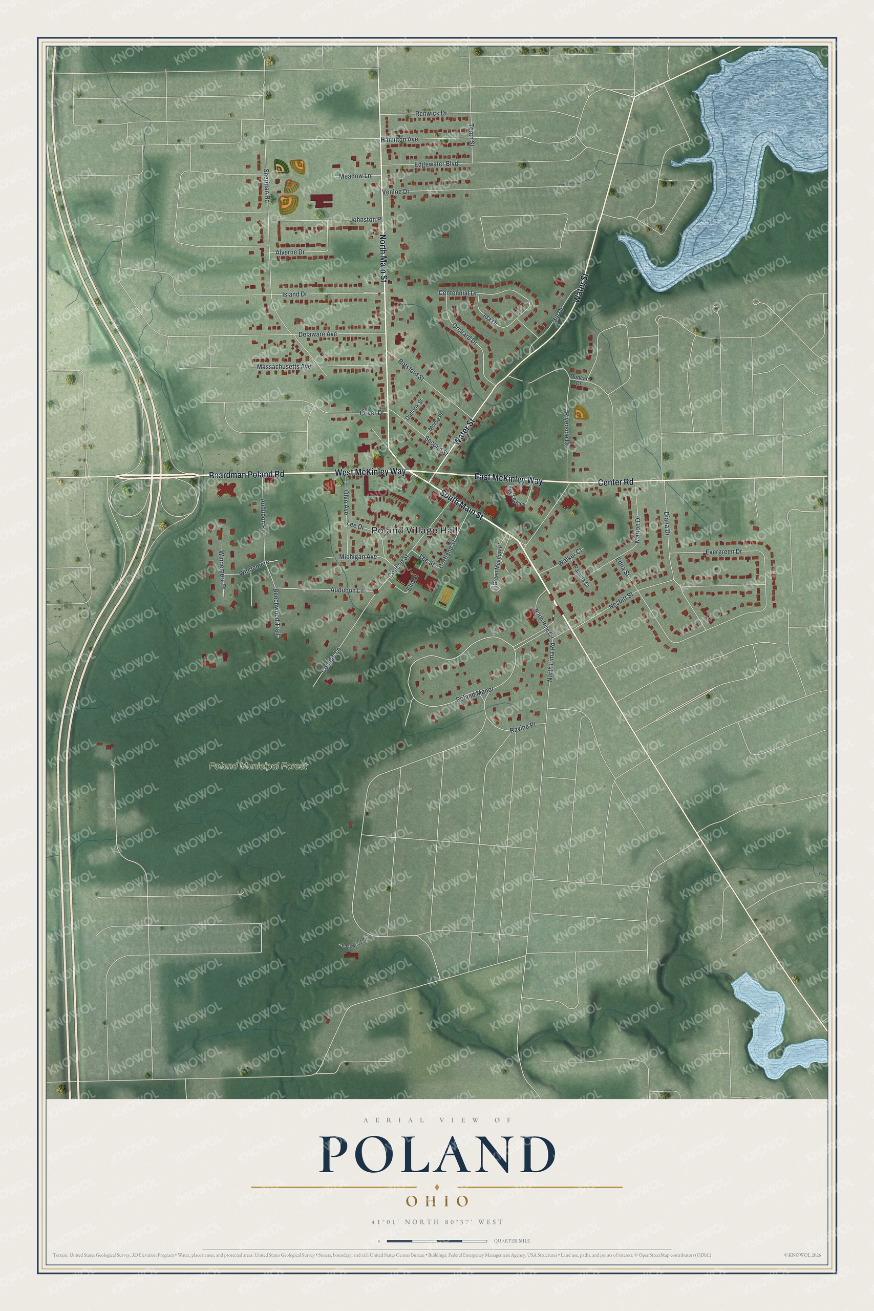 Map of Poland, Ohio with Main Street and McKinley Way meeting at the center, red buildings on green hills, a lake at upper right and Poland Municipal Forest