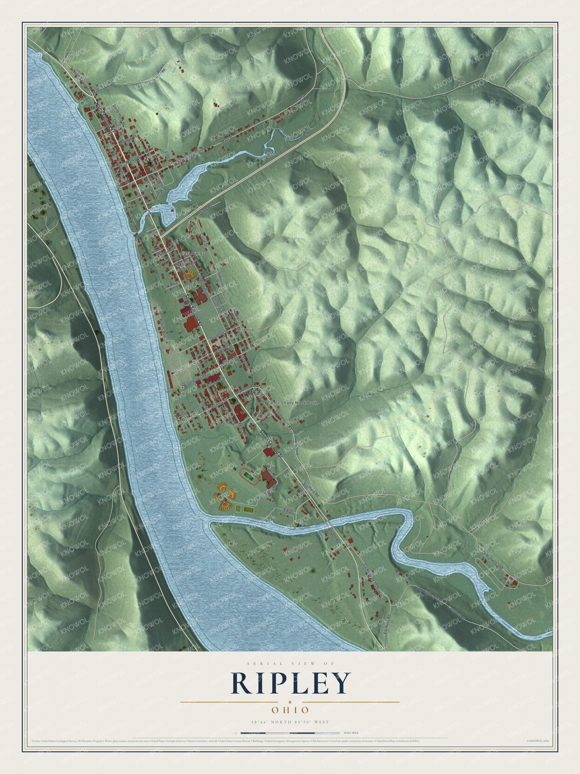 Full Ripley map with red riverfront buildings, green shaded hills, blue water and a cream title panel