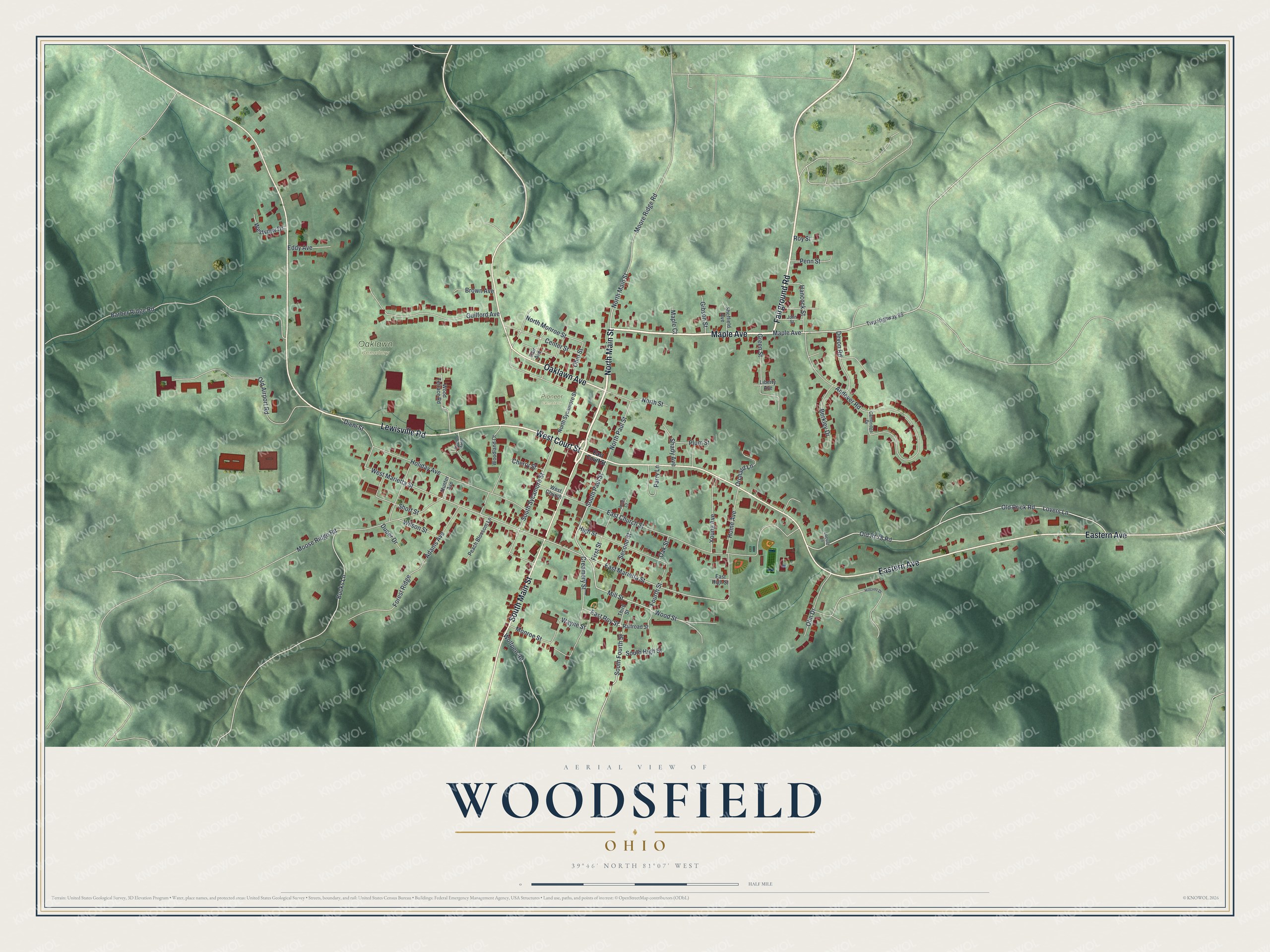 Watermarked full-map preview of Woodsfield, Ohio