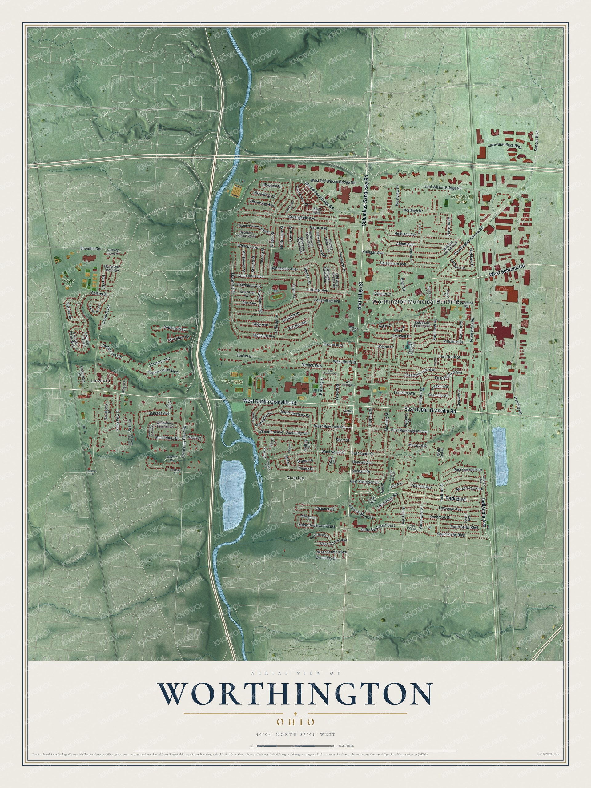 Watermarked full-map preview of Worthington, Ohio
