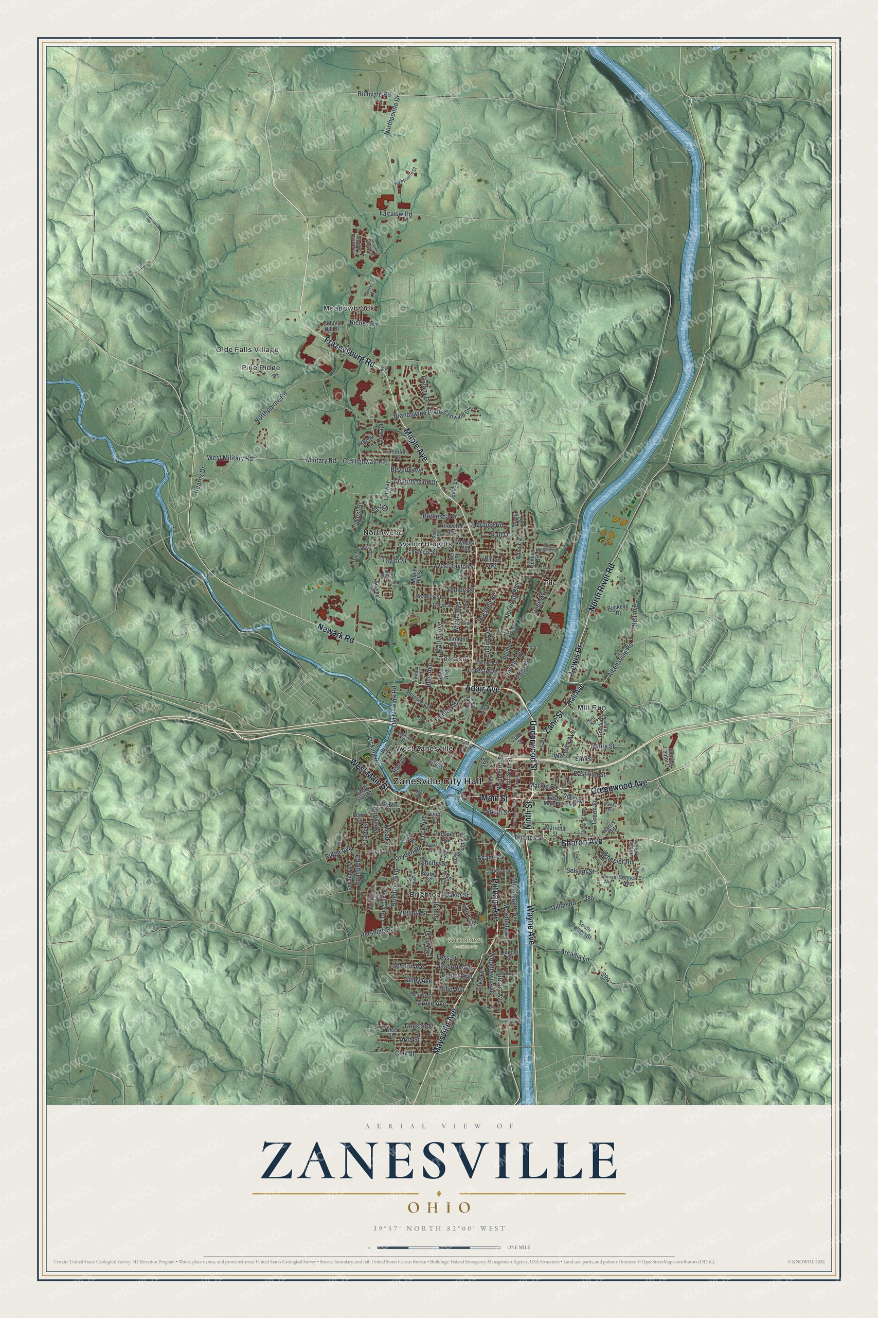 Watermarked full-map preview of Zanesville, Ohio