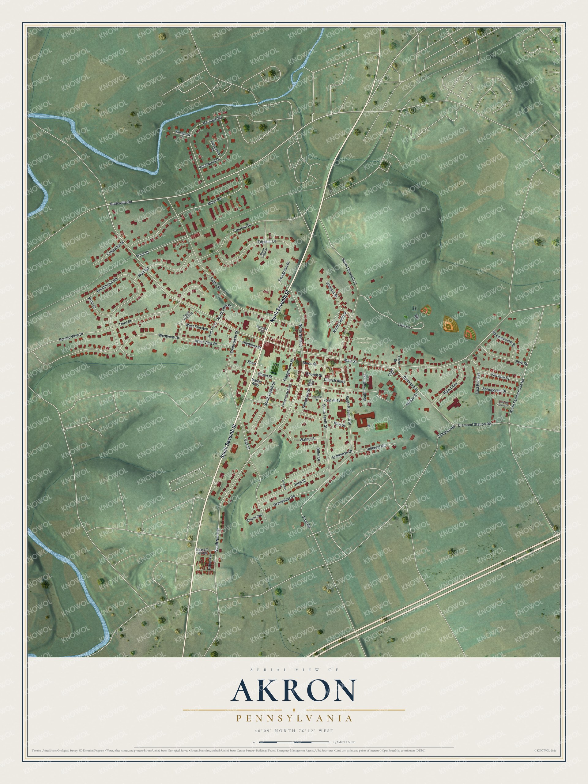 Watermarked full-map preview of Akron, Pennsylvania