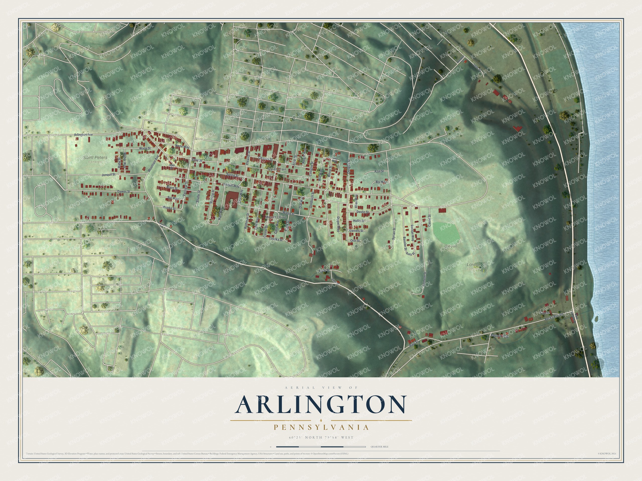 Aerial map of Arlington, Pennsylvania with red buildings along a green hilltop, wooded hollows and a blue river on the right edge