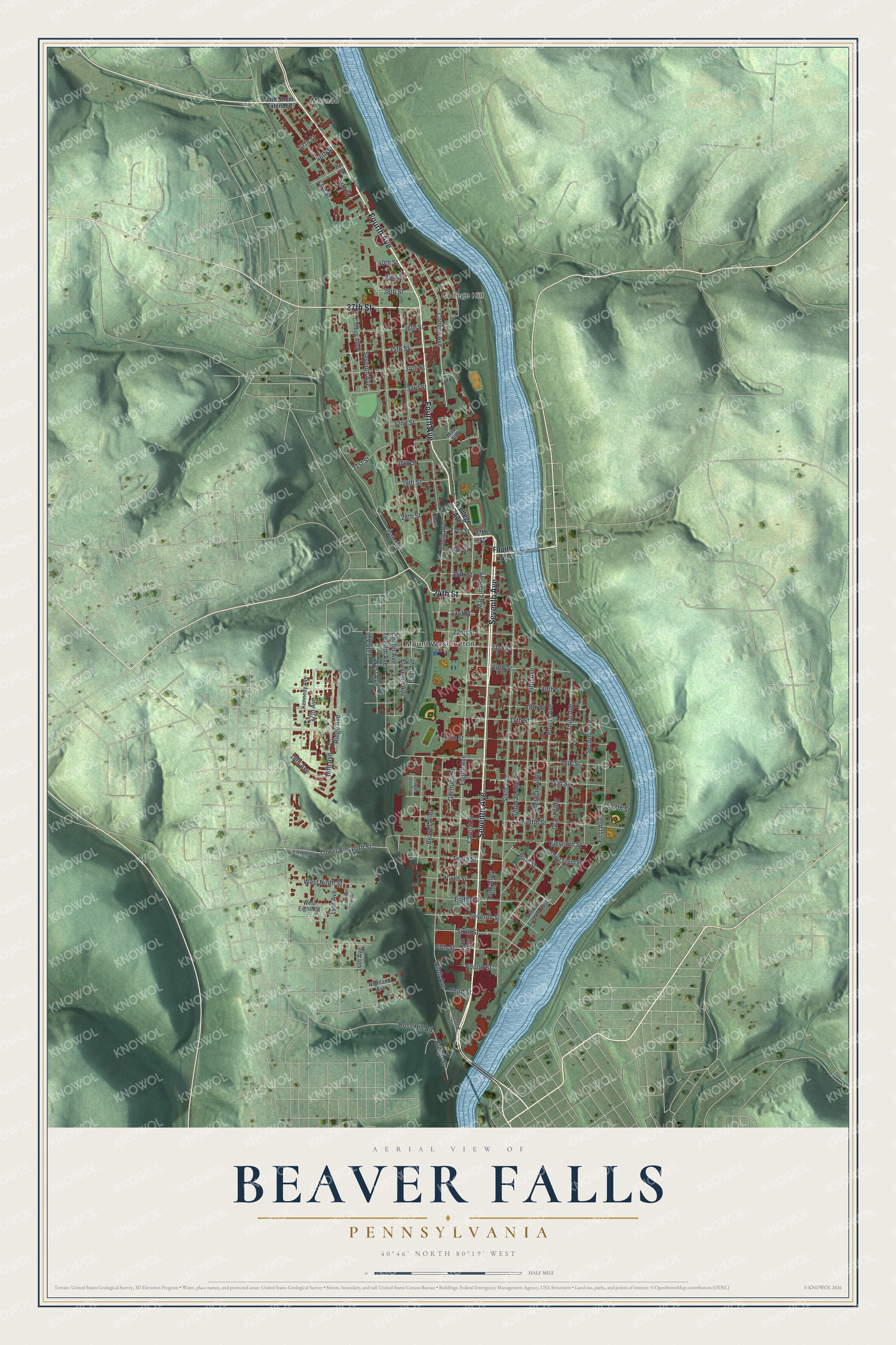 Watermarked full-map preview of Beaver Falls, Pennsylvania