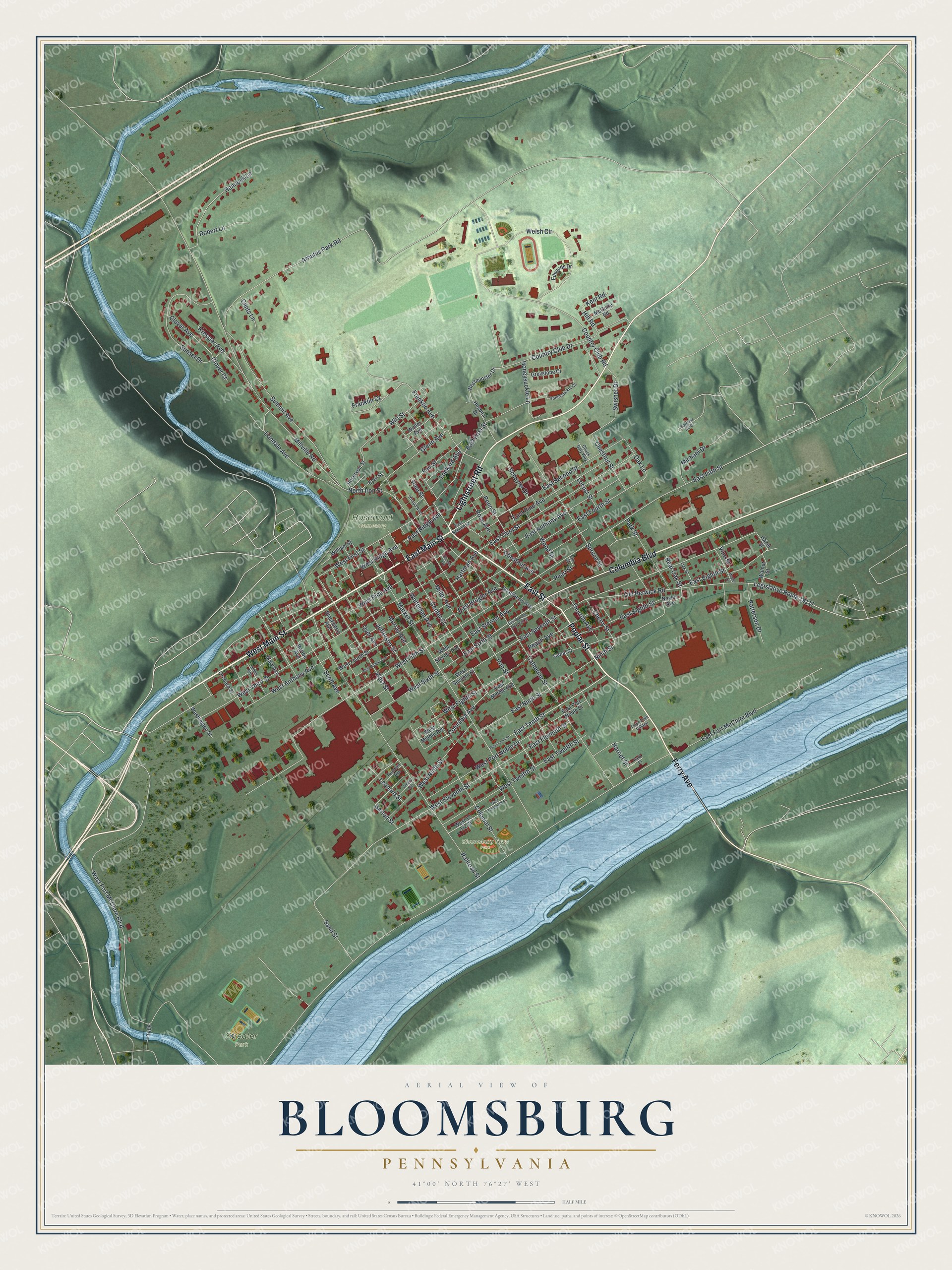 Watermarked full-map preview of Bloomsburg, Pennsylvania