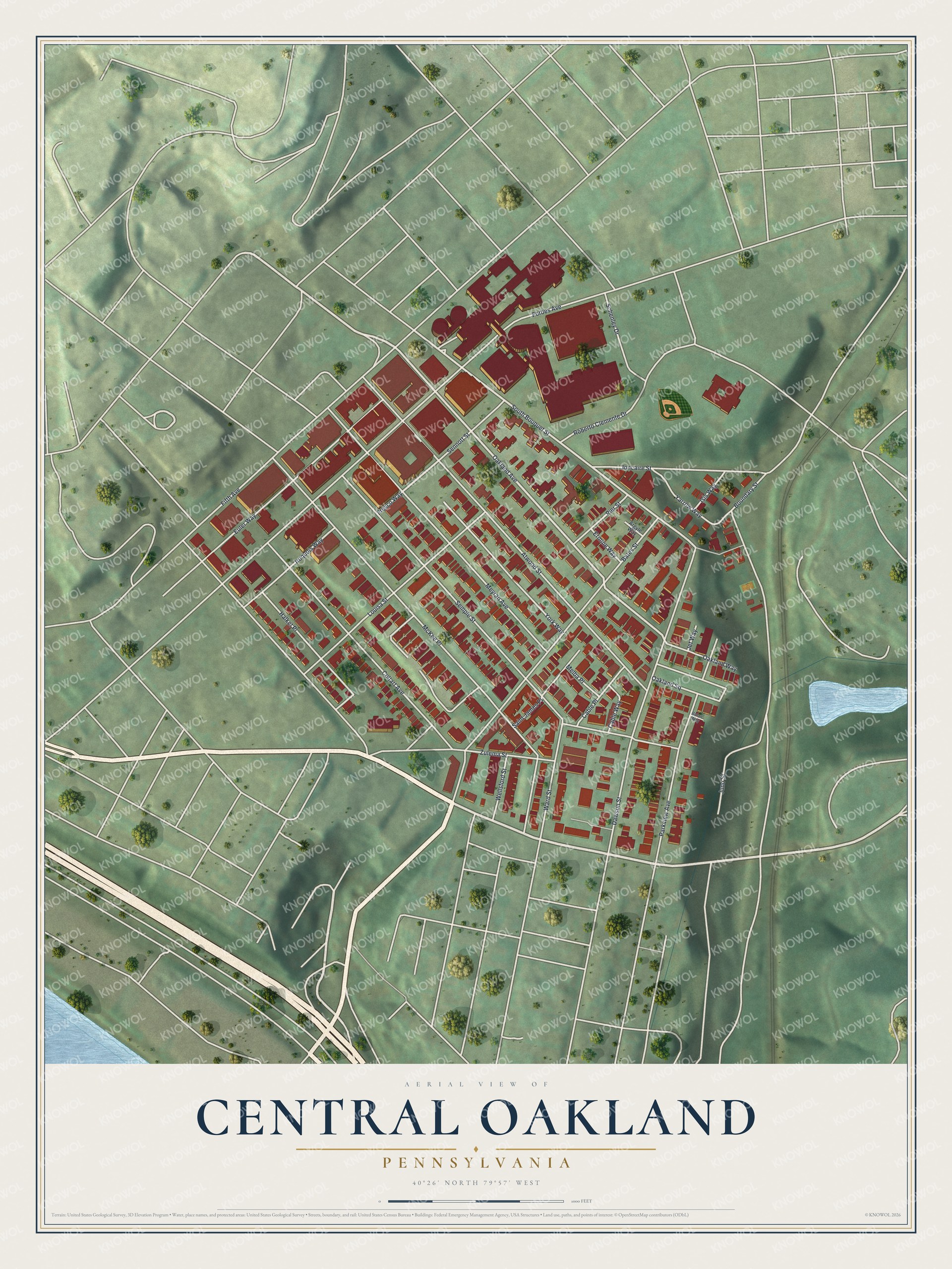 Watermarked full-map preview of Central Oakland, Pennsylvania