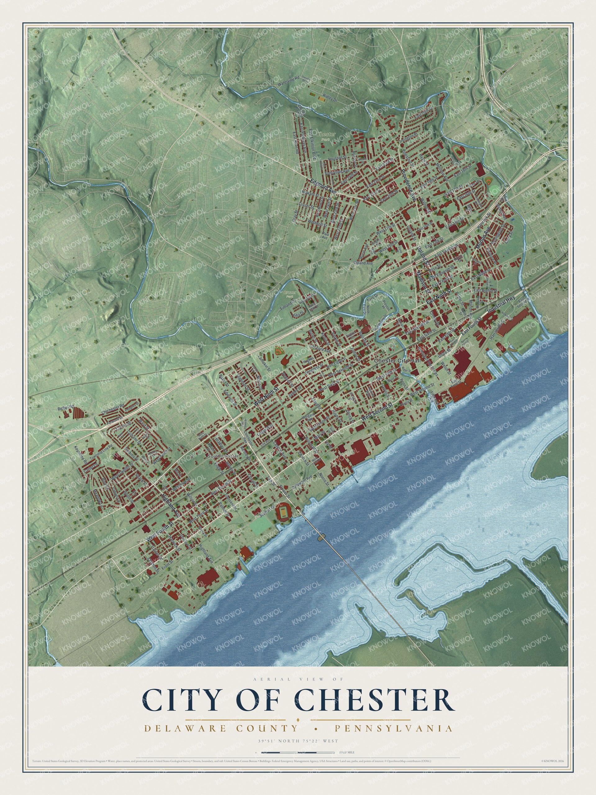 Map of the City of Chester in Delaware County with red buildings along the Delaware River, a winding creek and green hills to the north