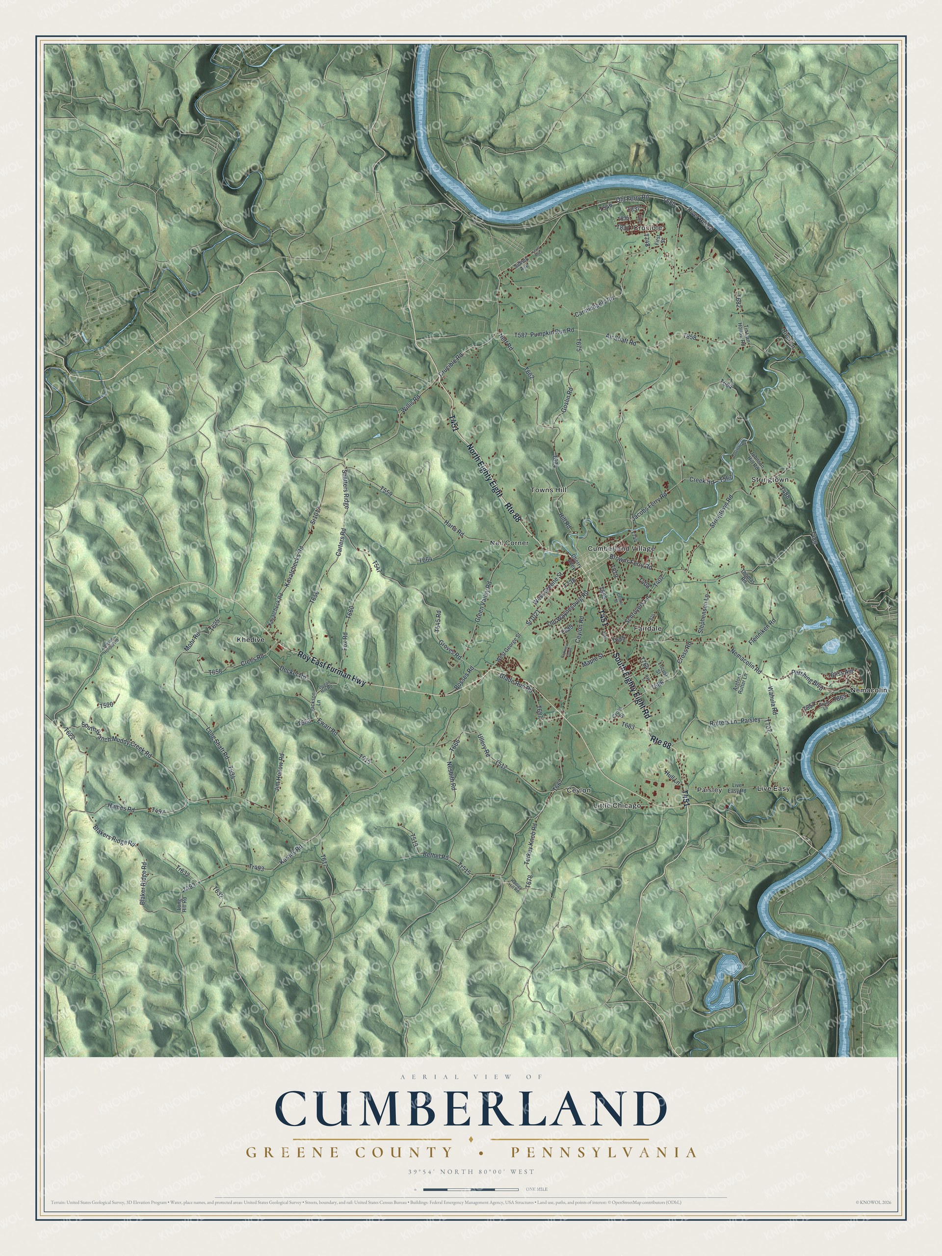 Map of Cumberland Township in Greene County with shaded green hills, the Monongahela River bend and villages from Crucible to Ceylon