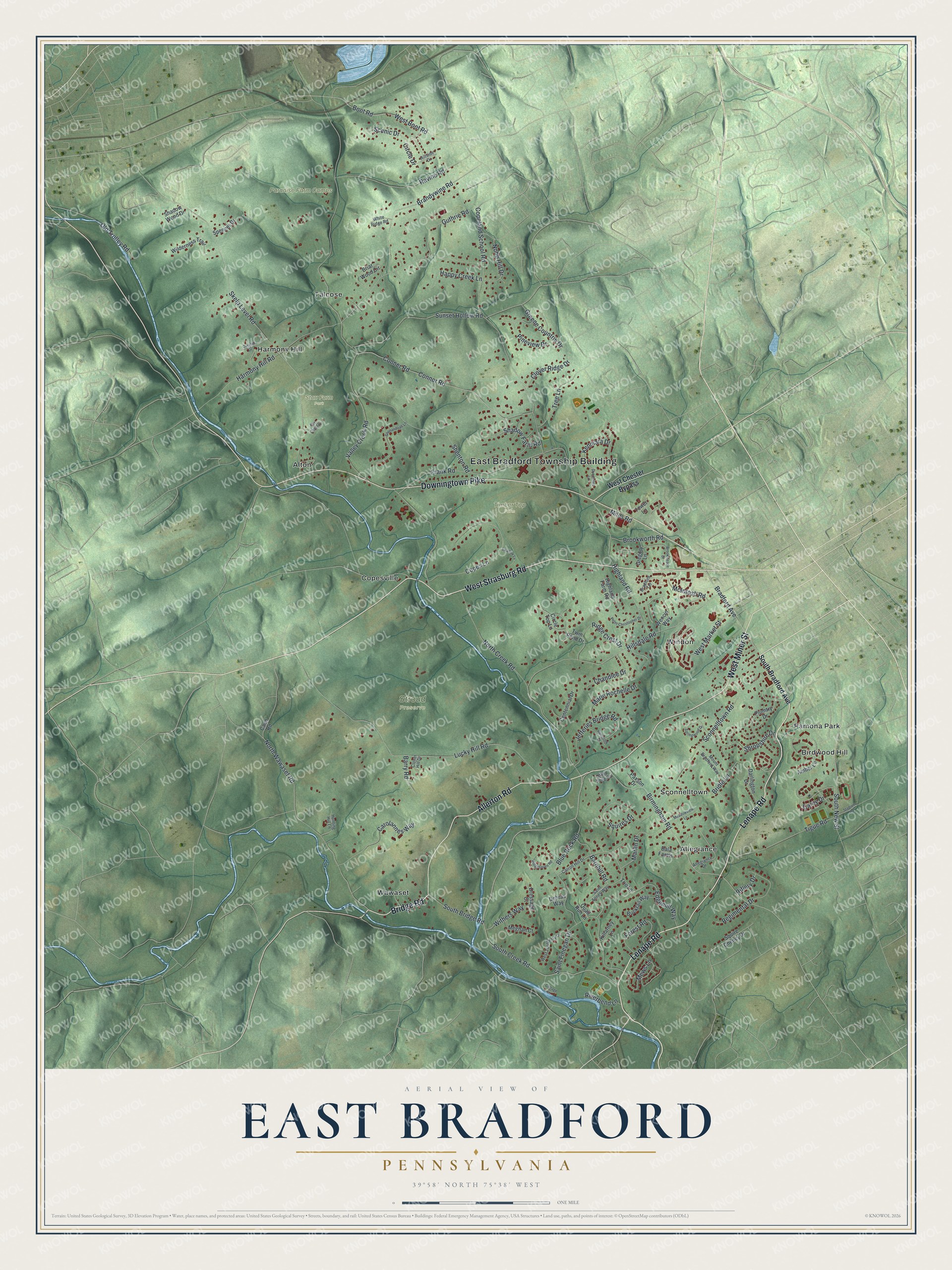 Watermarked full-map preview of East Bradford, Pennsylvania