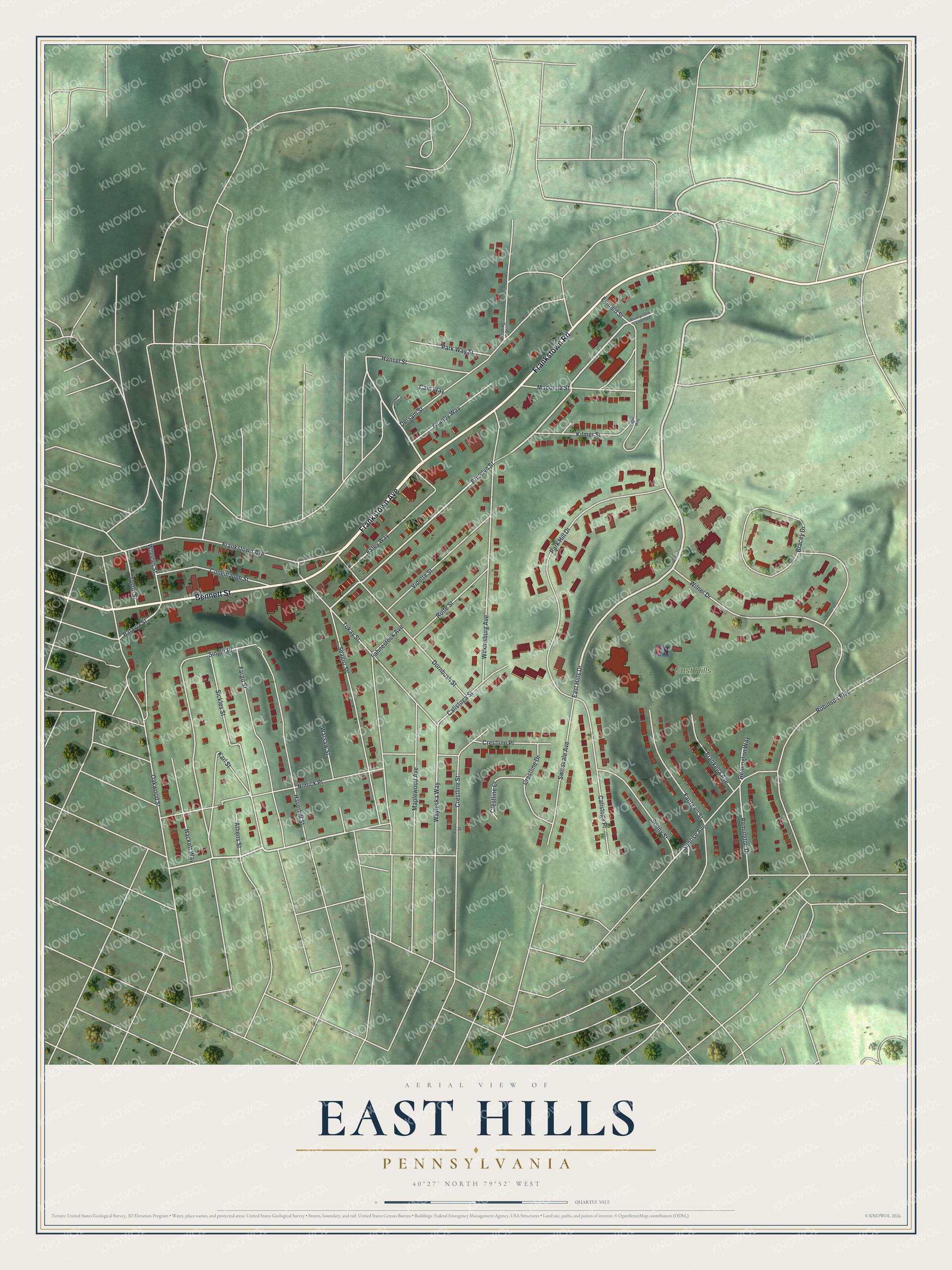 Watermarked full-map preview of East Hills, Pennsylvania