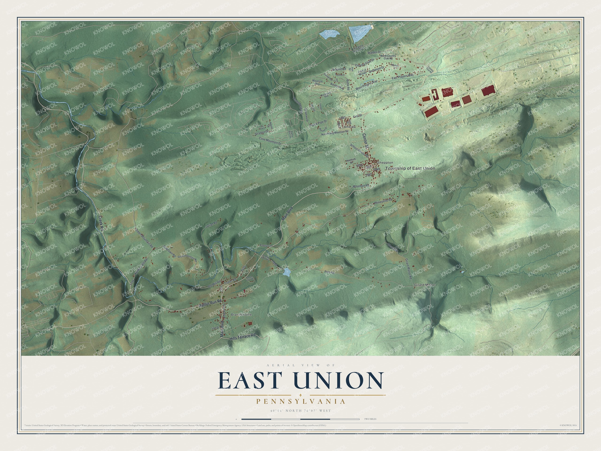 Map of East Union Township in Schuylkill County with green ridges, Sheppton and Oneida near the middle, and Brandonville at the bottom