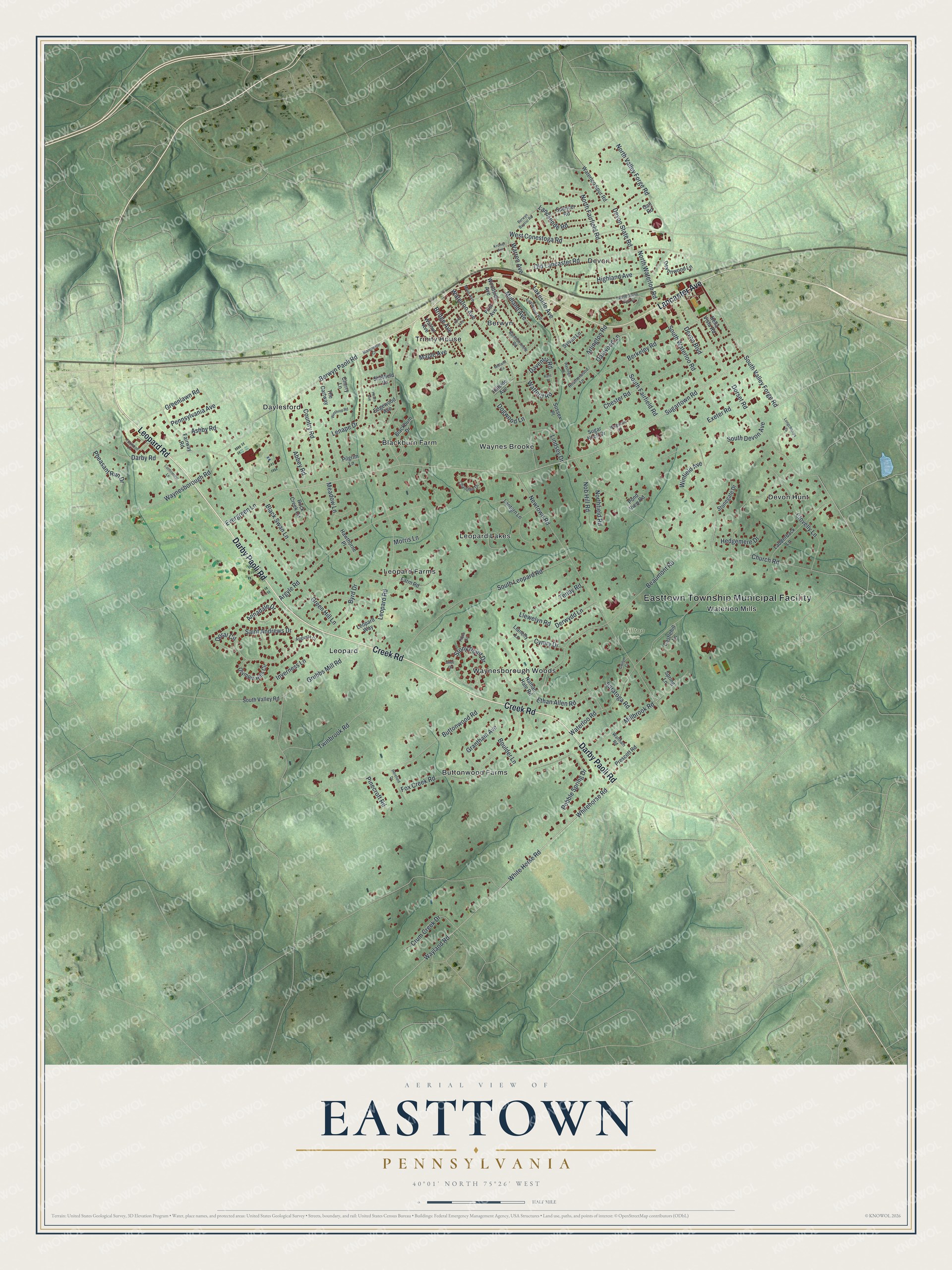 Map of Easttown Township with red buildings from Berwyn and Devon south to Leopard and Buttonwood Farms, set among shaded green hills