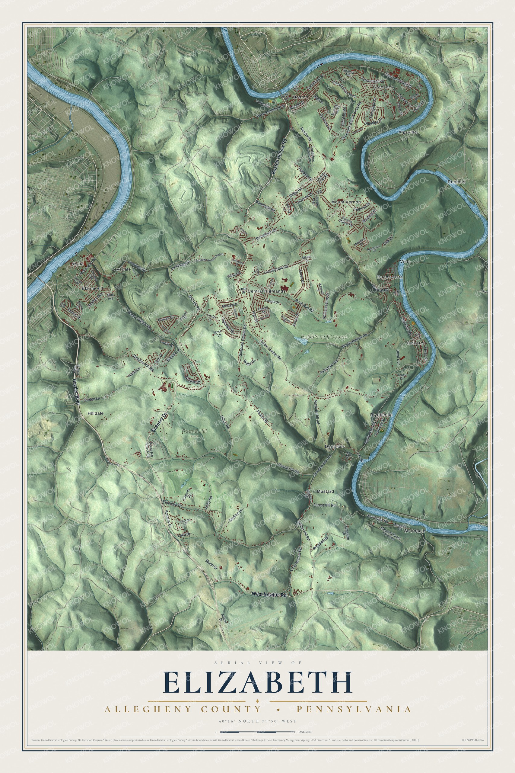 Map of Elizabeth Township in Allegheny County with shaded green hills, two blue rivers and red buildings from Boston to Round Hill Park