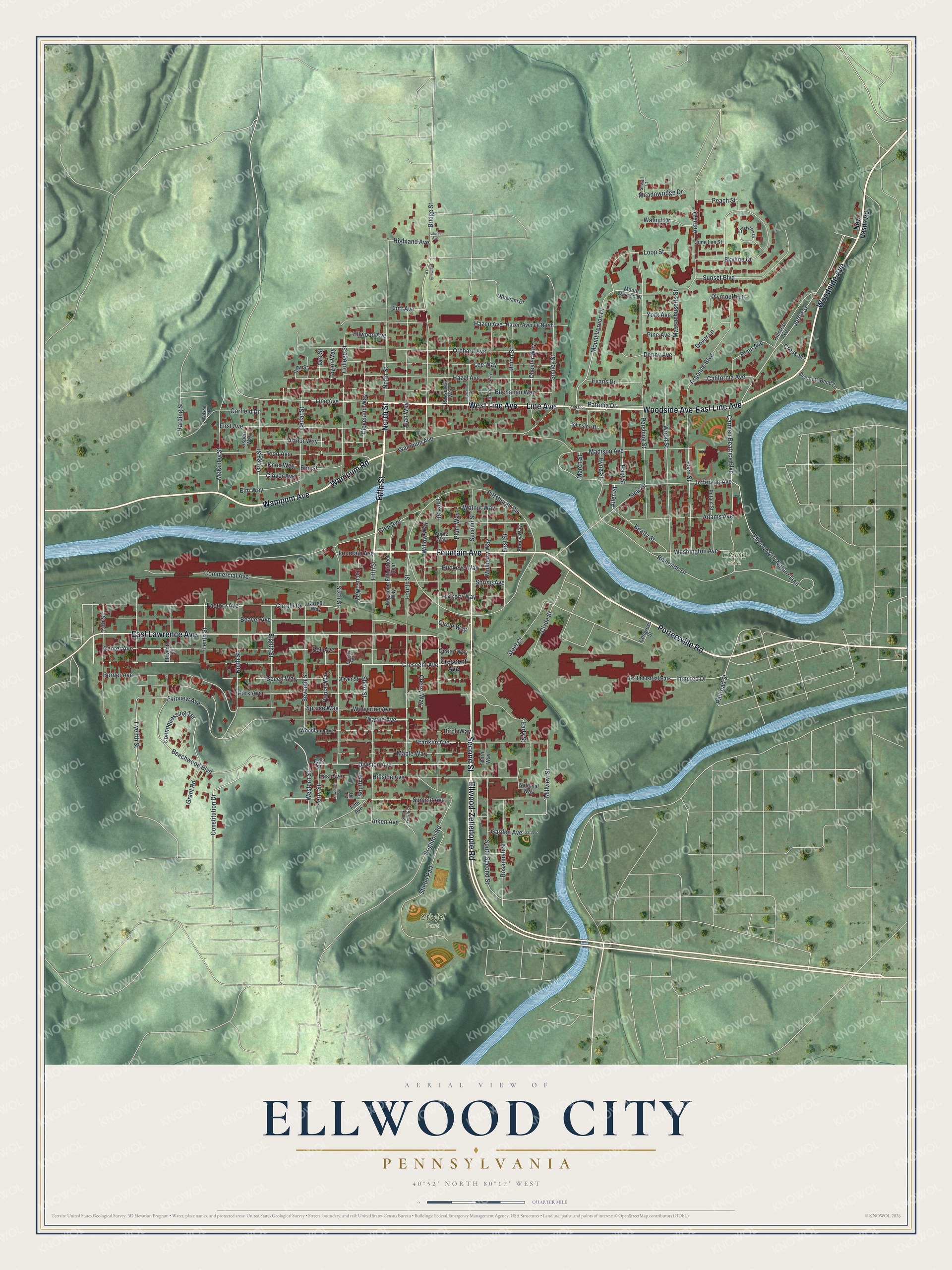 Watermarked full-map preview of Ellwood City, Pennsylvania