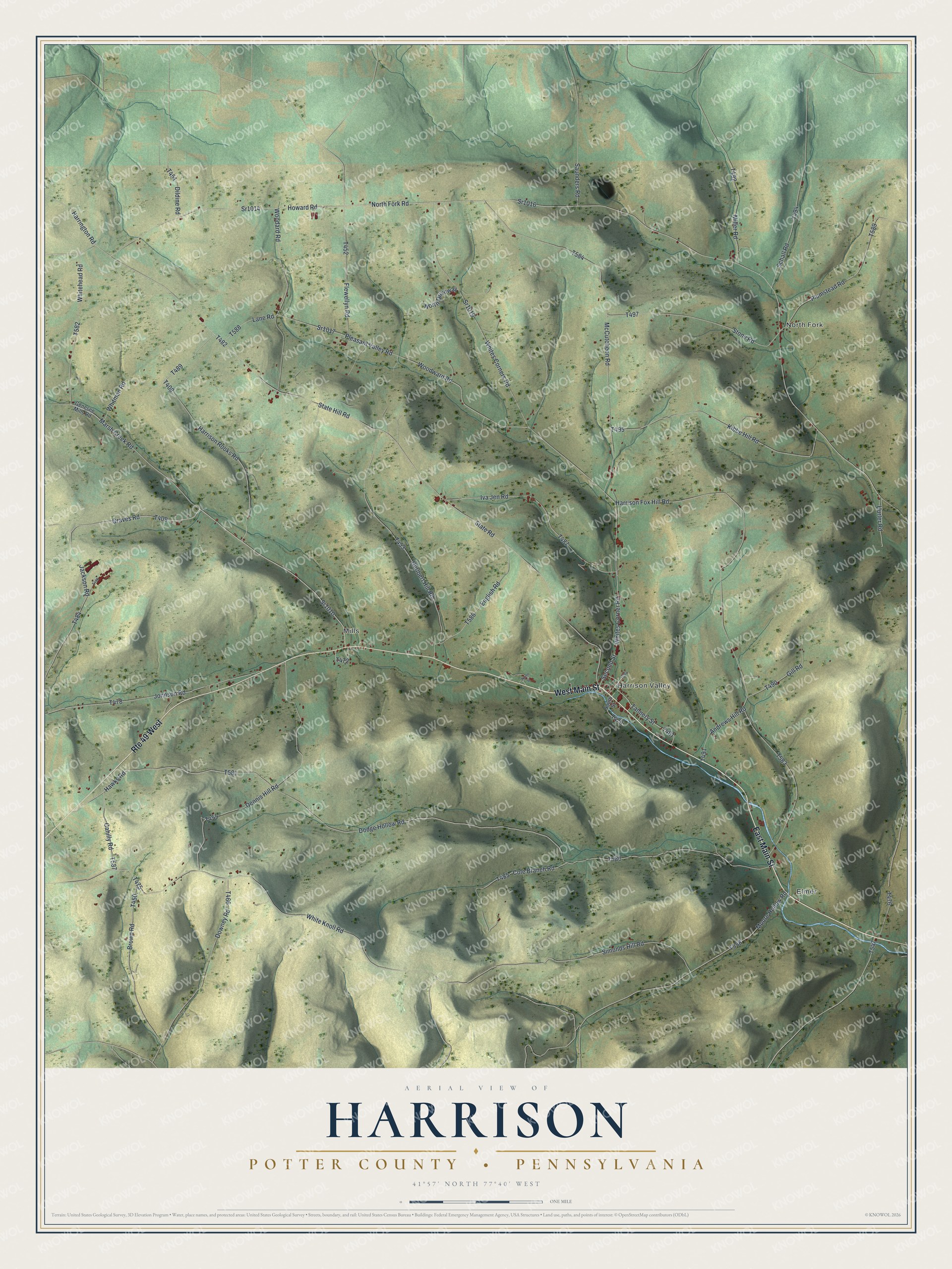 Map of Harrison Township, Potter County, Pennsylvania, with shaded hills, West and East Main Streets running through Mills and Harrison Valley to Elmer, and North Fork in the top right
