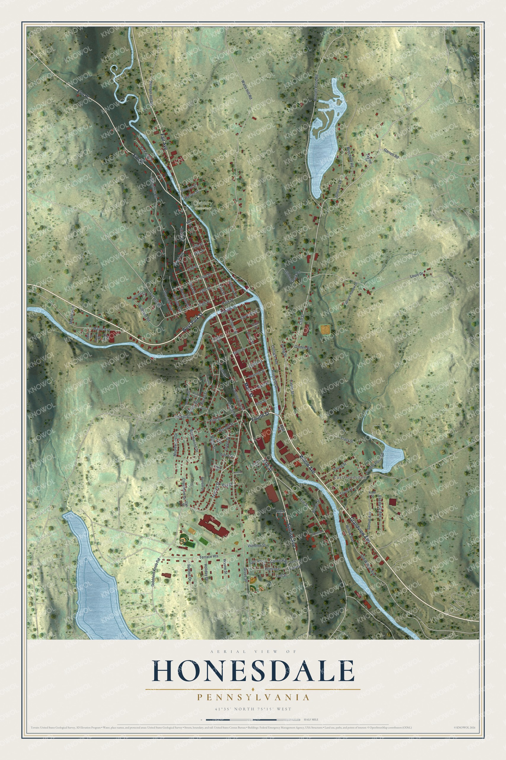 Watermarked full-map preview of Honesdale, Pennsylvania