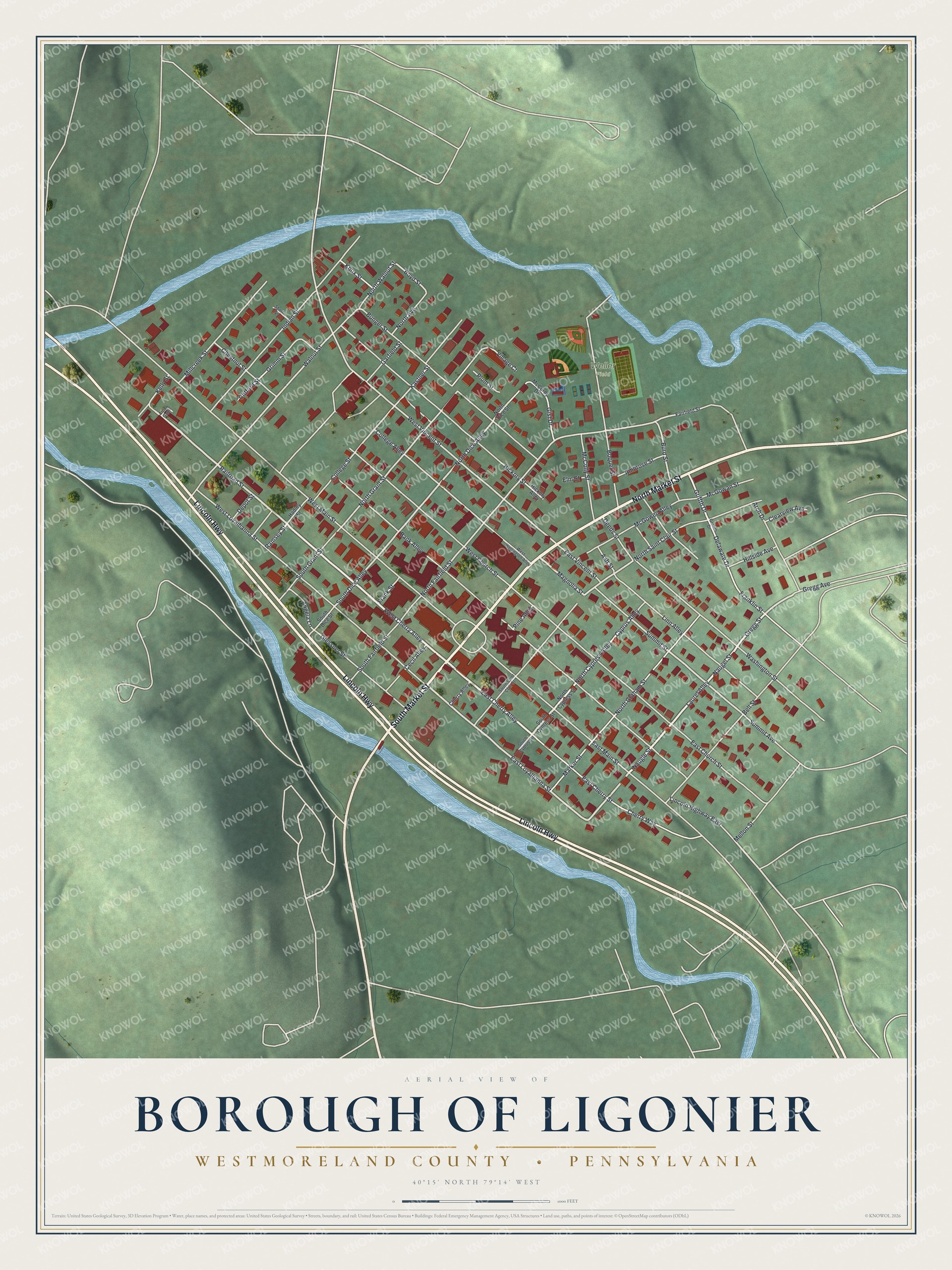 Watermarked full-map preview of Borough of Ligonier, Pennsylvania