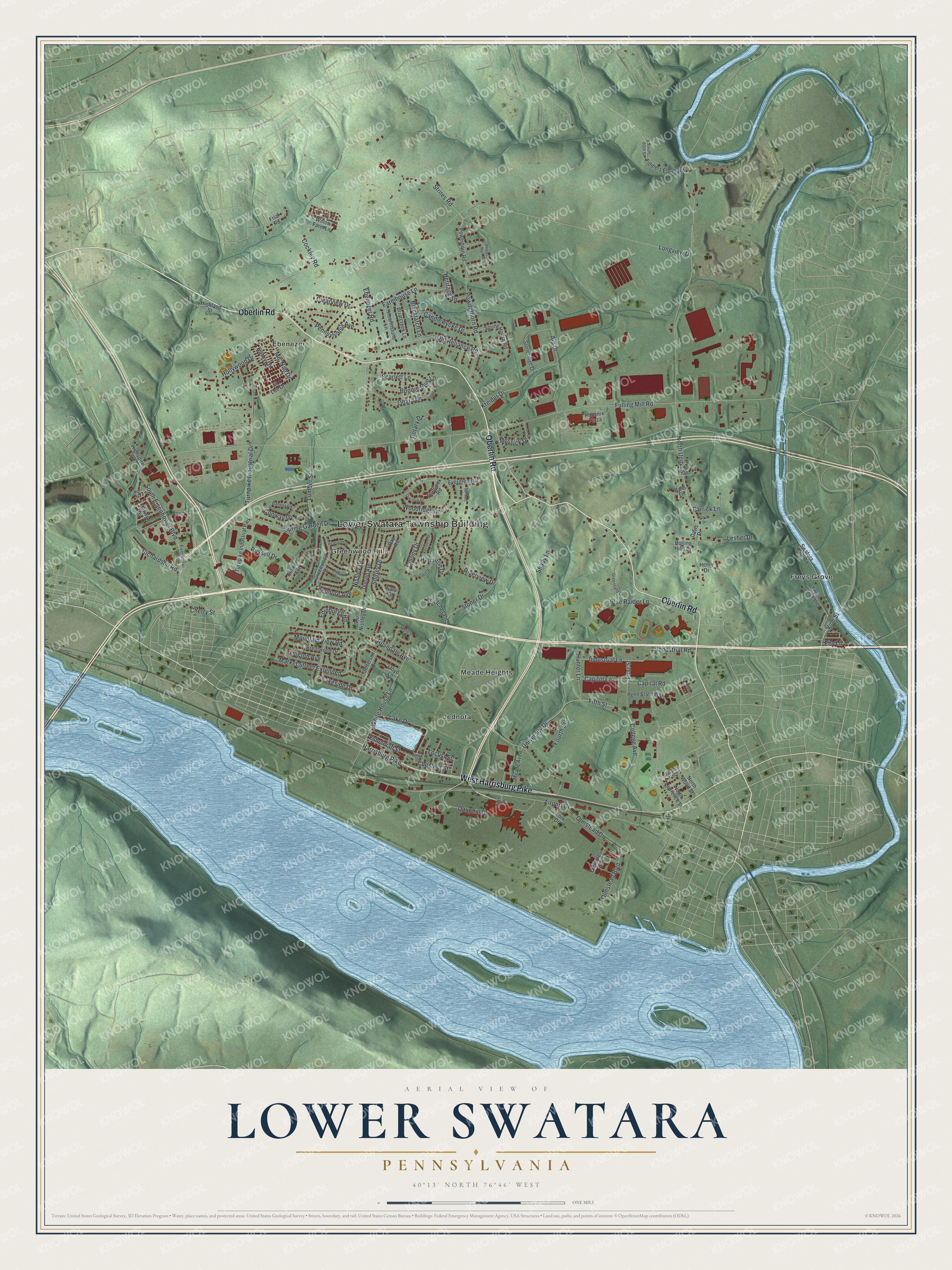 Map of Lower Swatara Township with shaded hills, red buildings, Oberlin Road, a winding creek on the right and a wide river with islands along the bottom