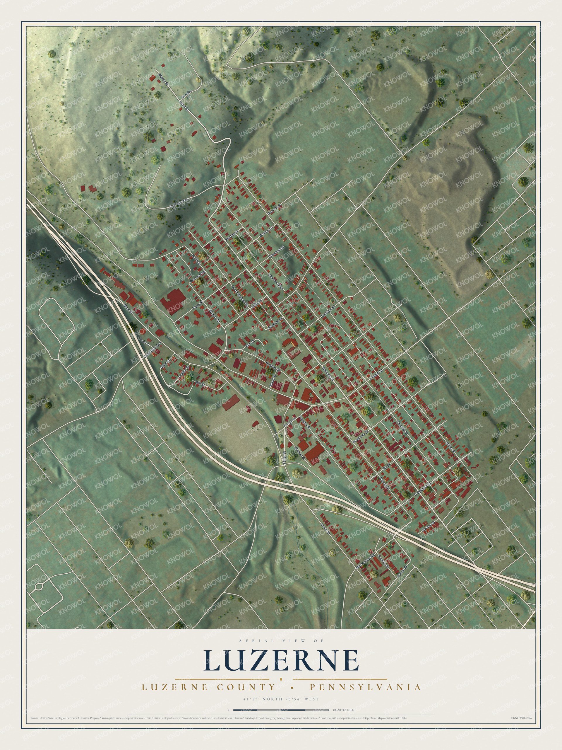 Map of Luzerne, Pennsylvania showing a long band of red buildings along Bennett Street between shaded hills and a wide highway