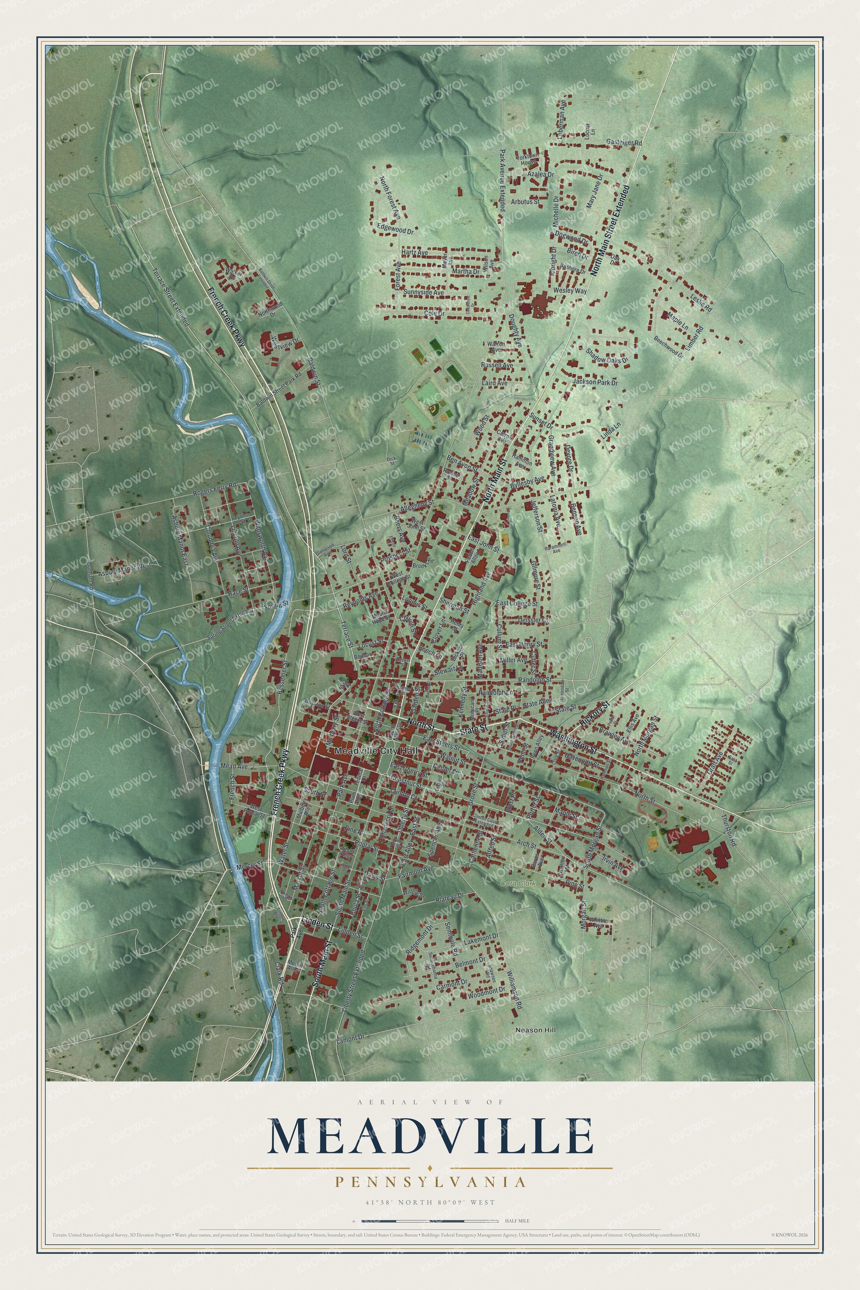 Map of Meadville, Pennsylvania with French Creek winding down the left side, red buildings along North Main Street and Water Street, and green shaded hills