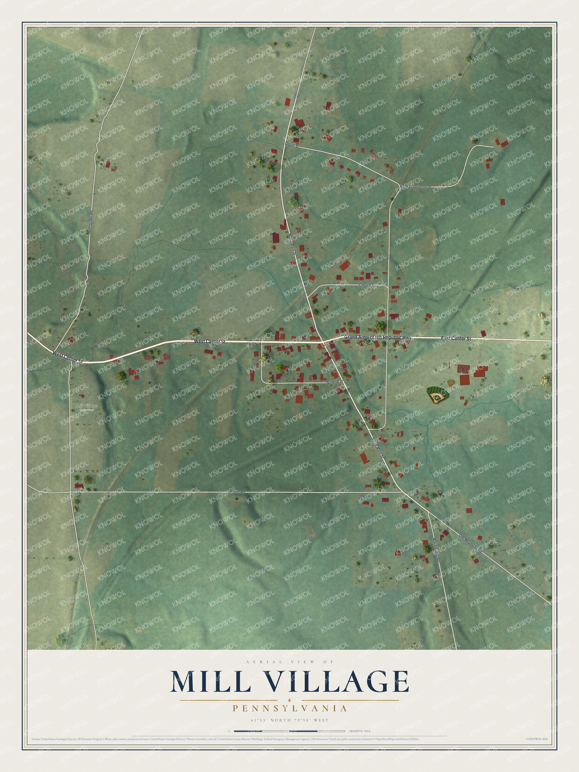 Watermarked full-map preview of Mill Village, Pennsylvania