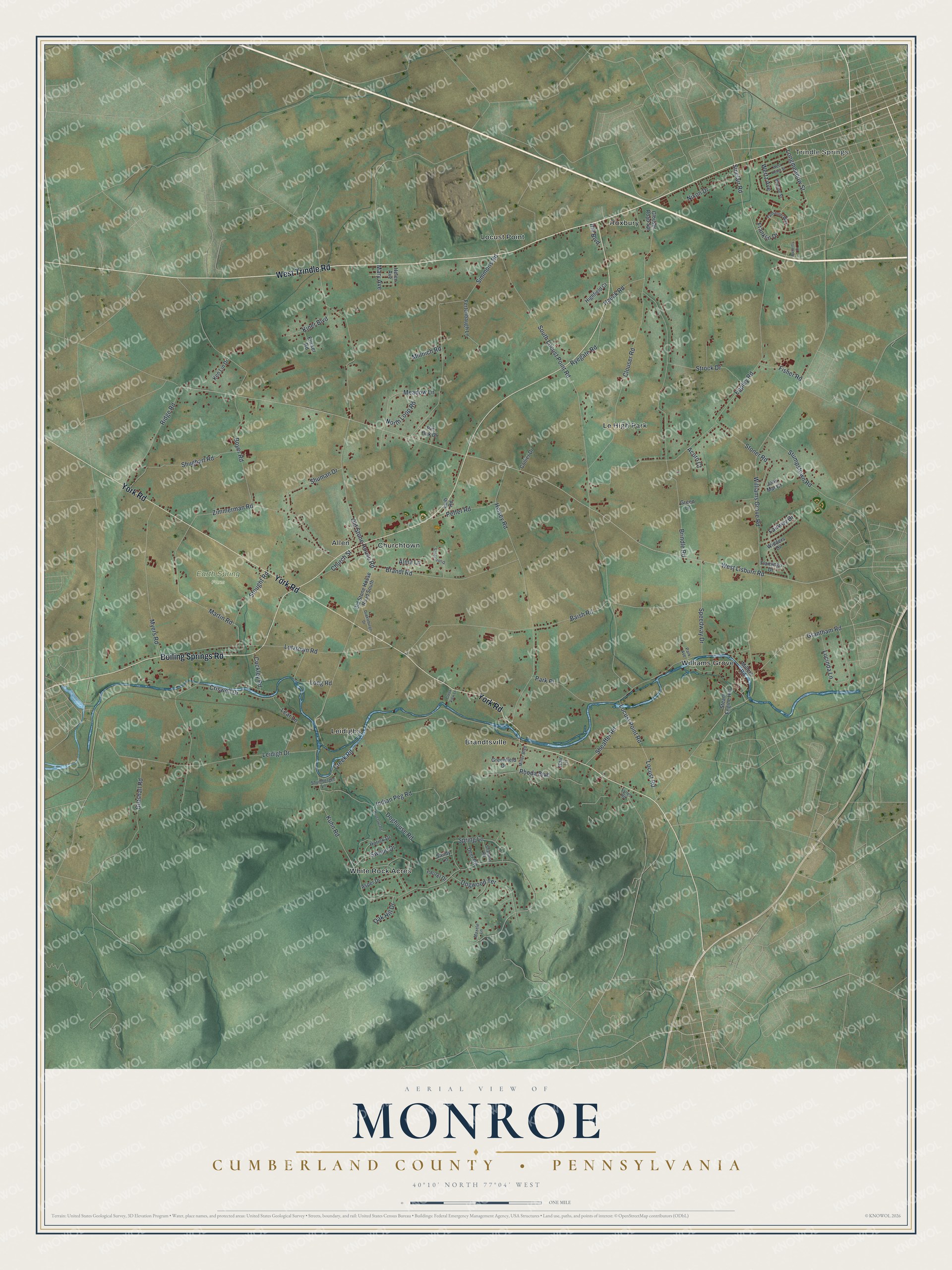 Aerial-style map of Monroe Township in Cumberland County with farm fields, York Road, Churchtown, a winding creek and shaded hills to the south