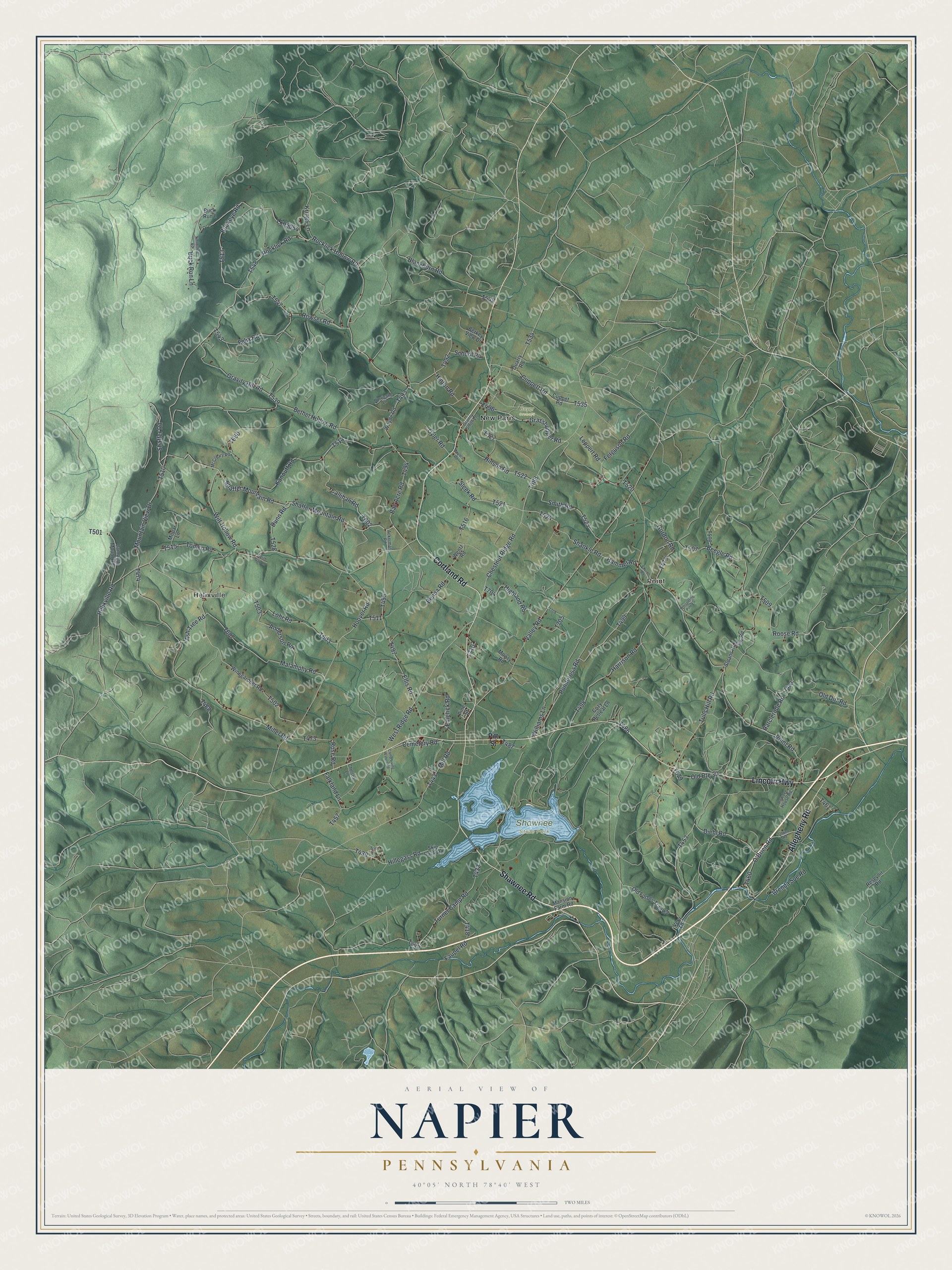 Map of Napier Township in Bedford County with green shaded hills, the blue lake at Shawnee State Park, Lincoln Highway and New Paris