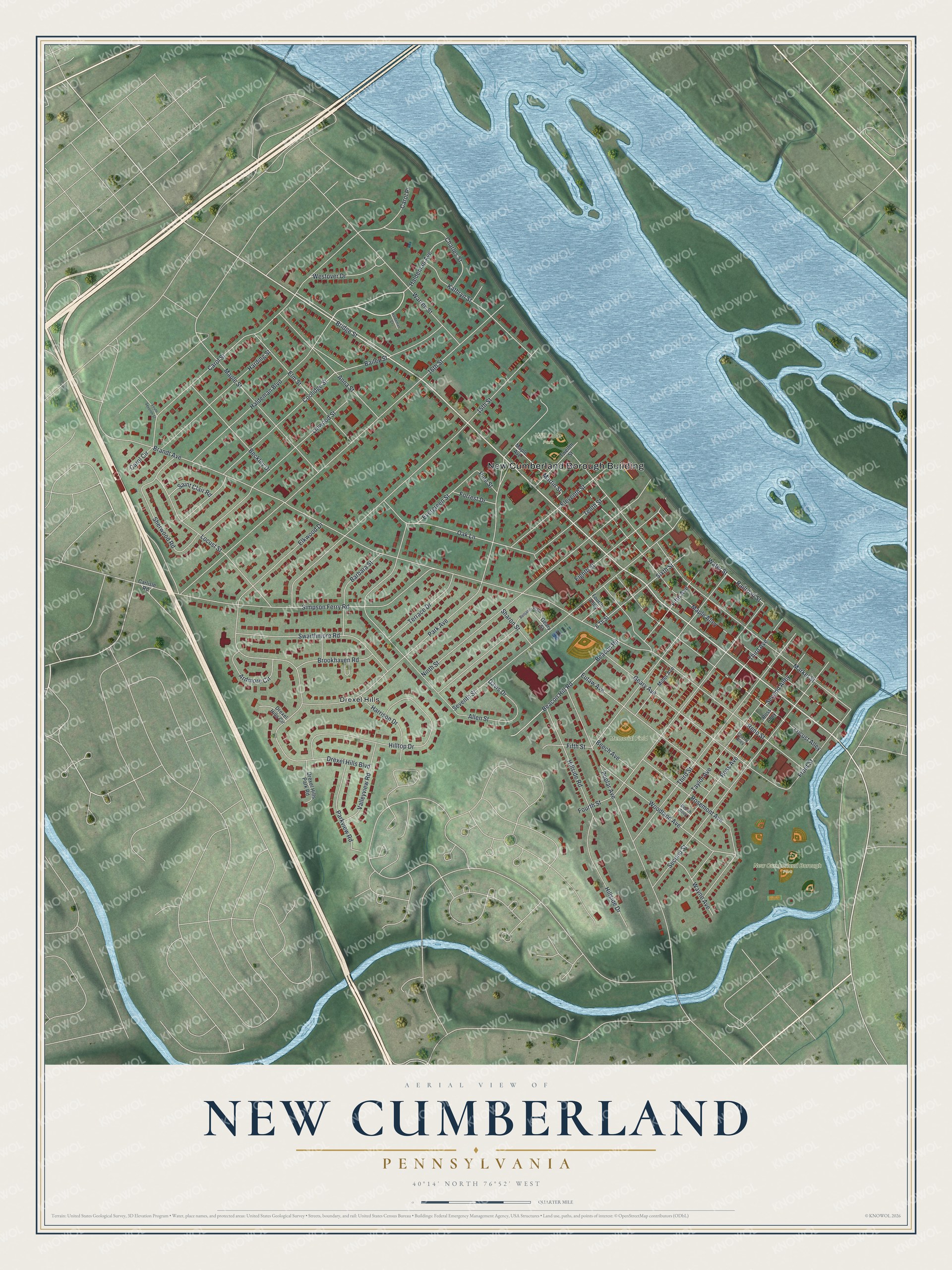 Map of New Cumberland, Pennsylvania with red buildings on green hills, a wide river with islands on the right and a creek winding along the bottom