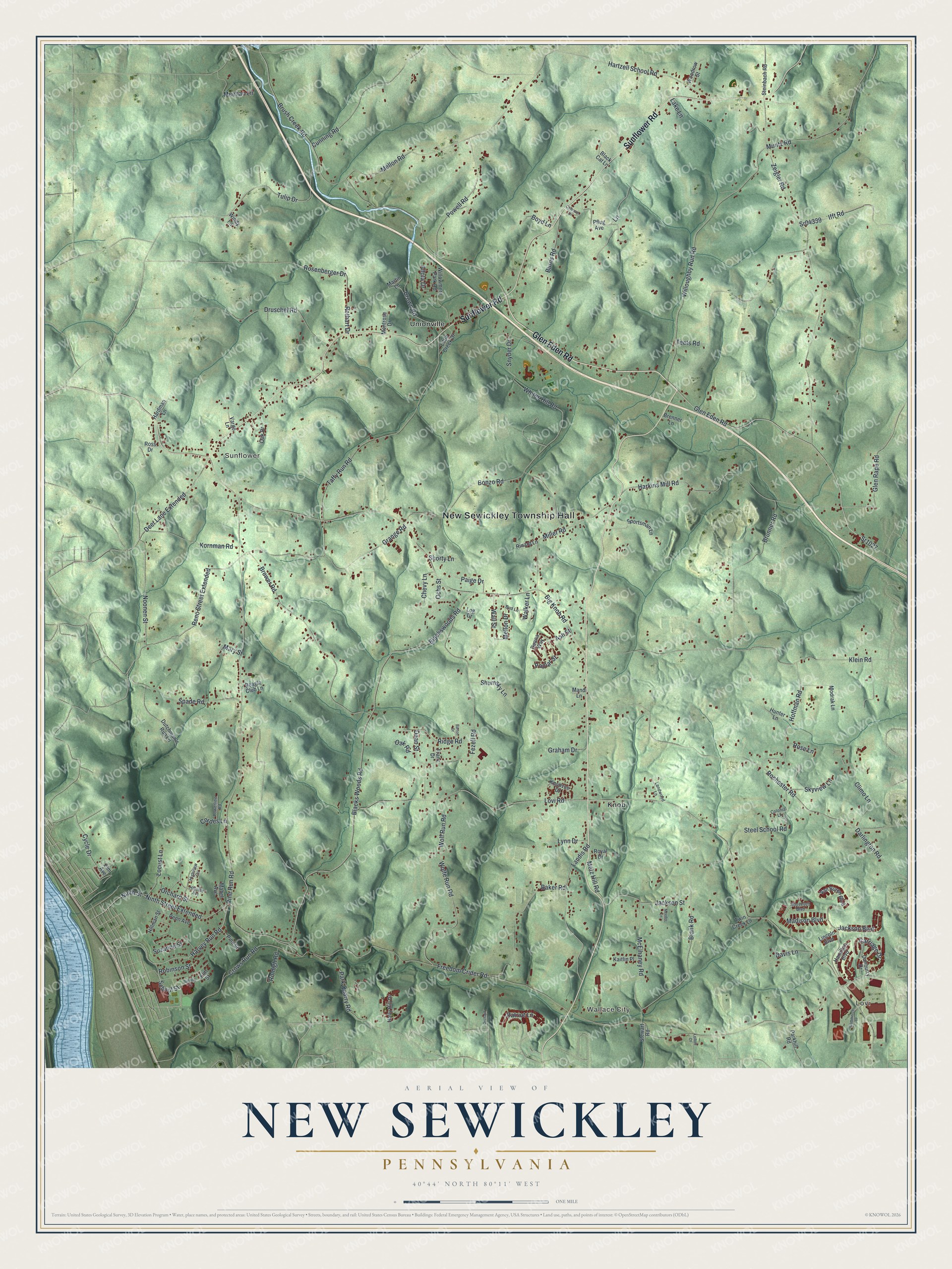 Map of New Sewickley Township with green shaded hills, red buildings, the printed places Unionville, Sunflower, Knob and Lovi, and a river at the lower left