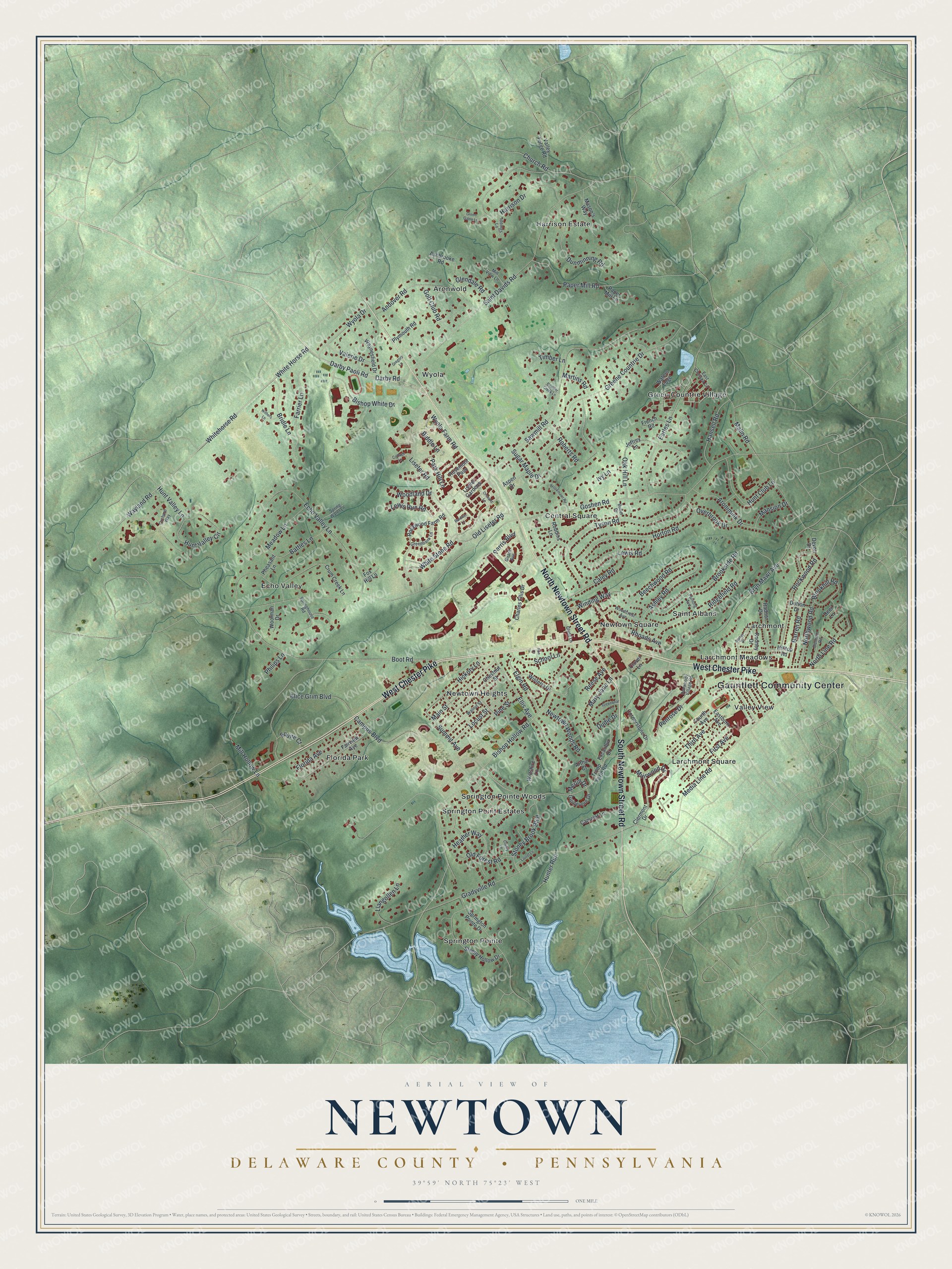 Map of Newtown Township in Delaware County with West Chester Pike, Newtown Square, green shaded hills, red buildings and a blue lake at the bottom