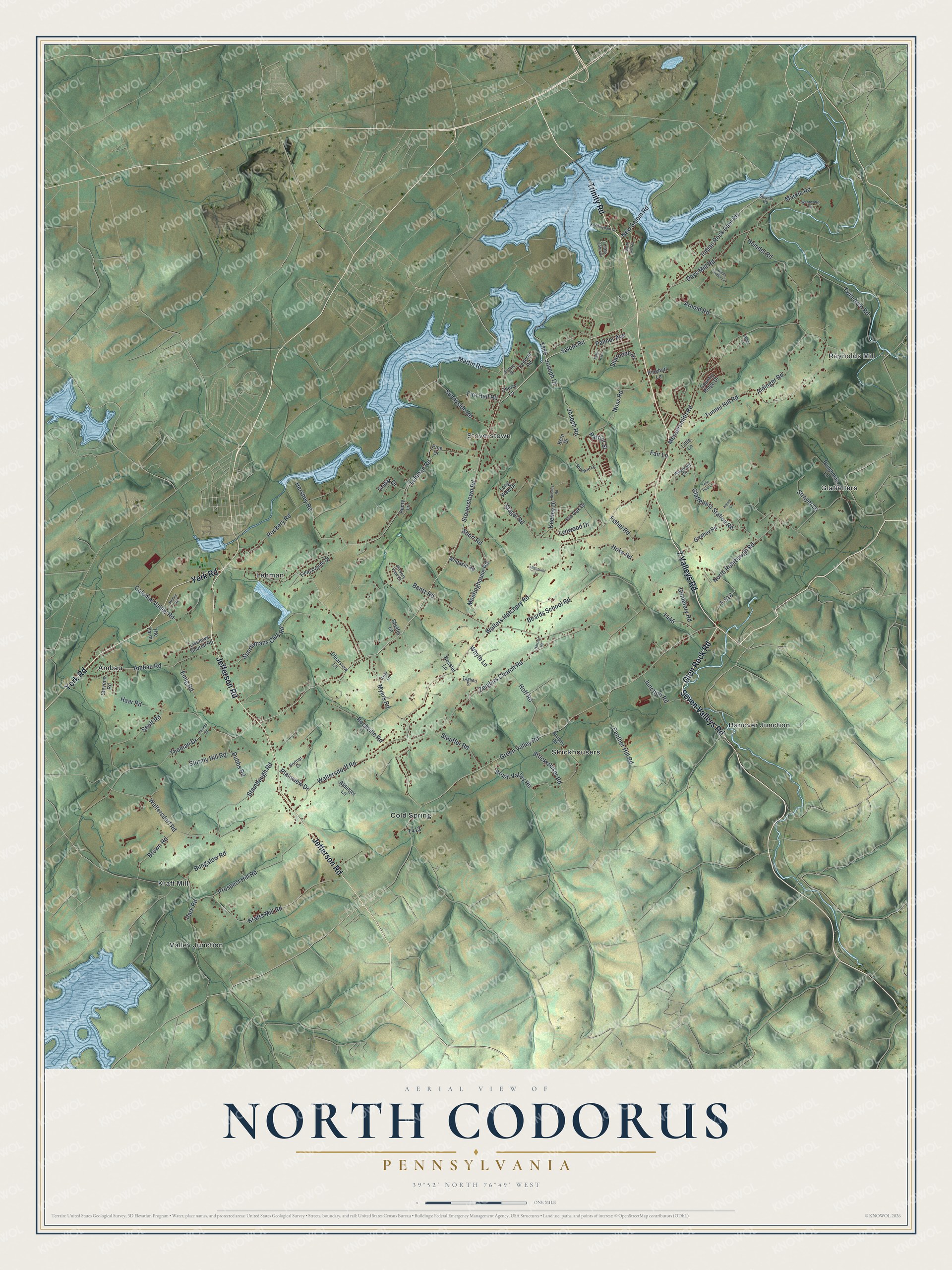Map of North Codorus Township in York County with green hills, red buildings, a long blue lake at the top and Hanover Junction on the right