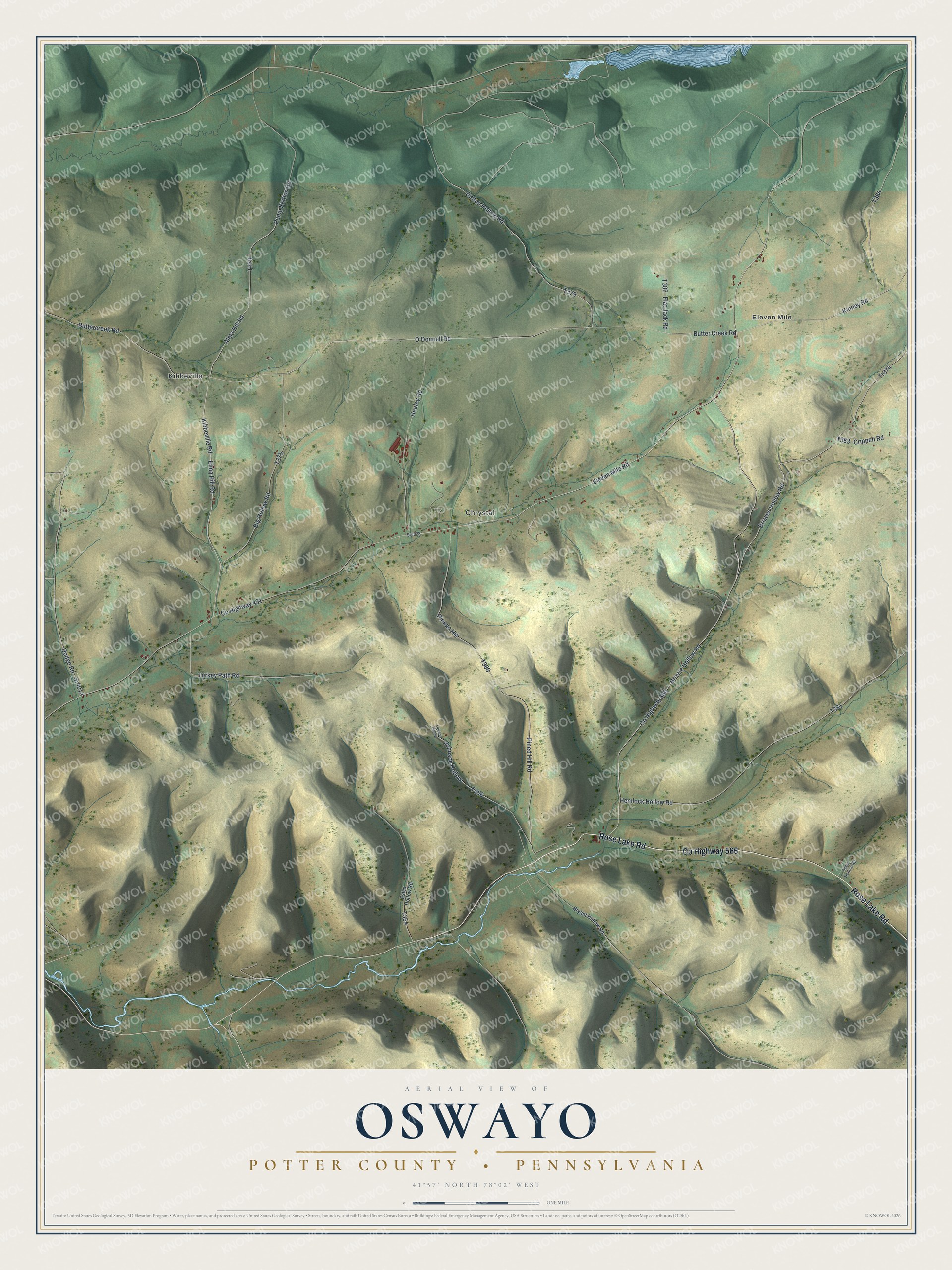 Map of Oswayo Township in Potter County showing shaded hills and hollows, Chrystal, Kibbeville and Eleven Mile, with New York across the top