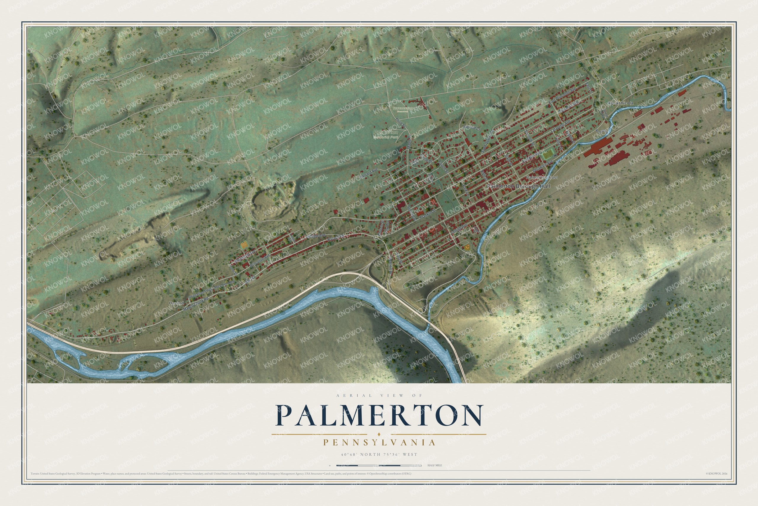 Aerial style map of Palmerton, Pennsylvania with red buildings between green ridges, a winding blue creek and a wide river below