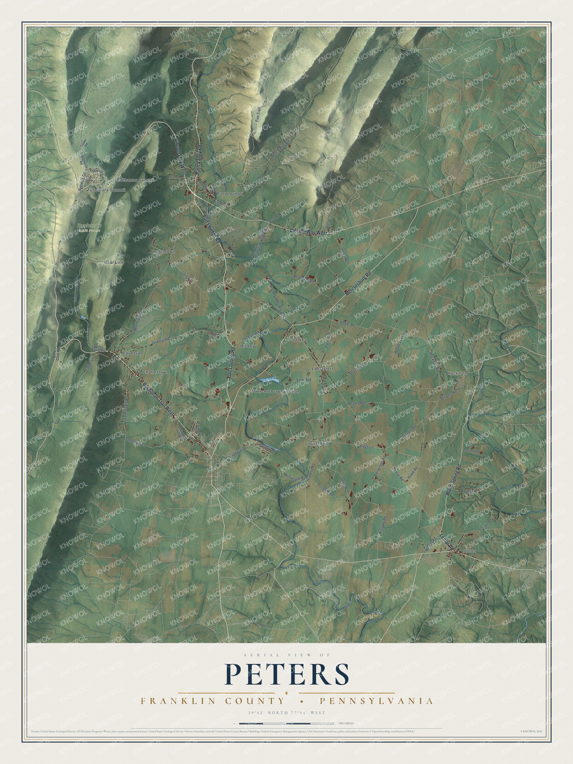 Map of Peters Township in Franklin County with shaded mountain ridges at left, green farm valleys, red buildings and Fort Loudon near the top
