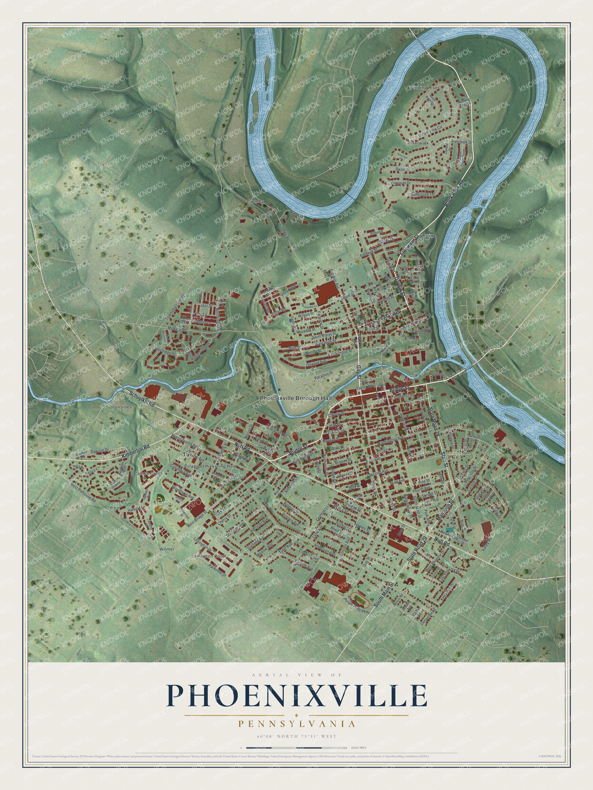 Phoenixville Borough map with Bridge Street, French Creek, the Schuylkill River bend and surrounding street blocks