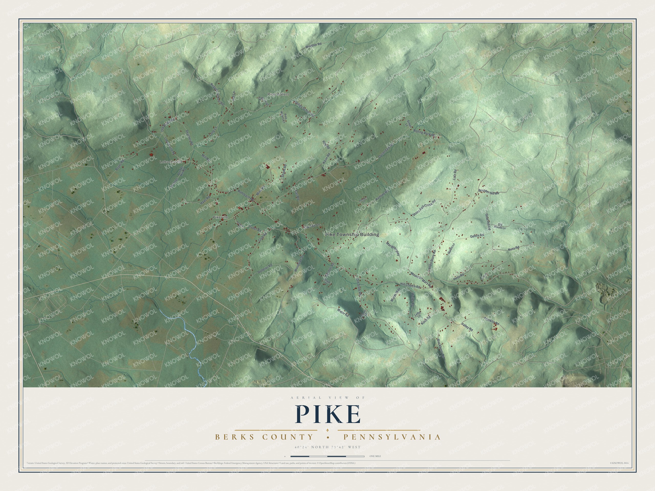 Map of Pike Township in Berks County with shaded green hills, red buildings along Hill Church Road, and the villages of Pikeville and Lobachsville
