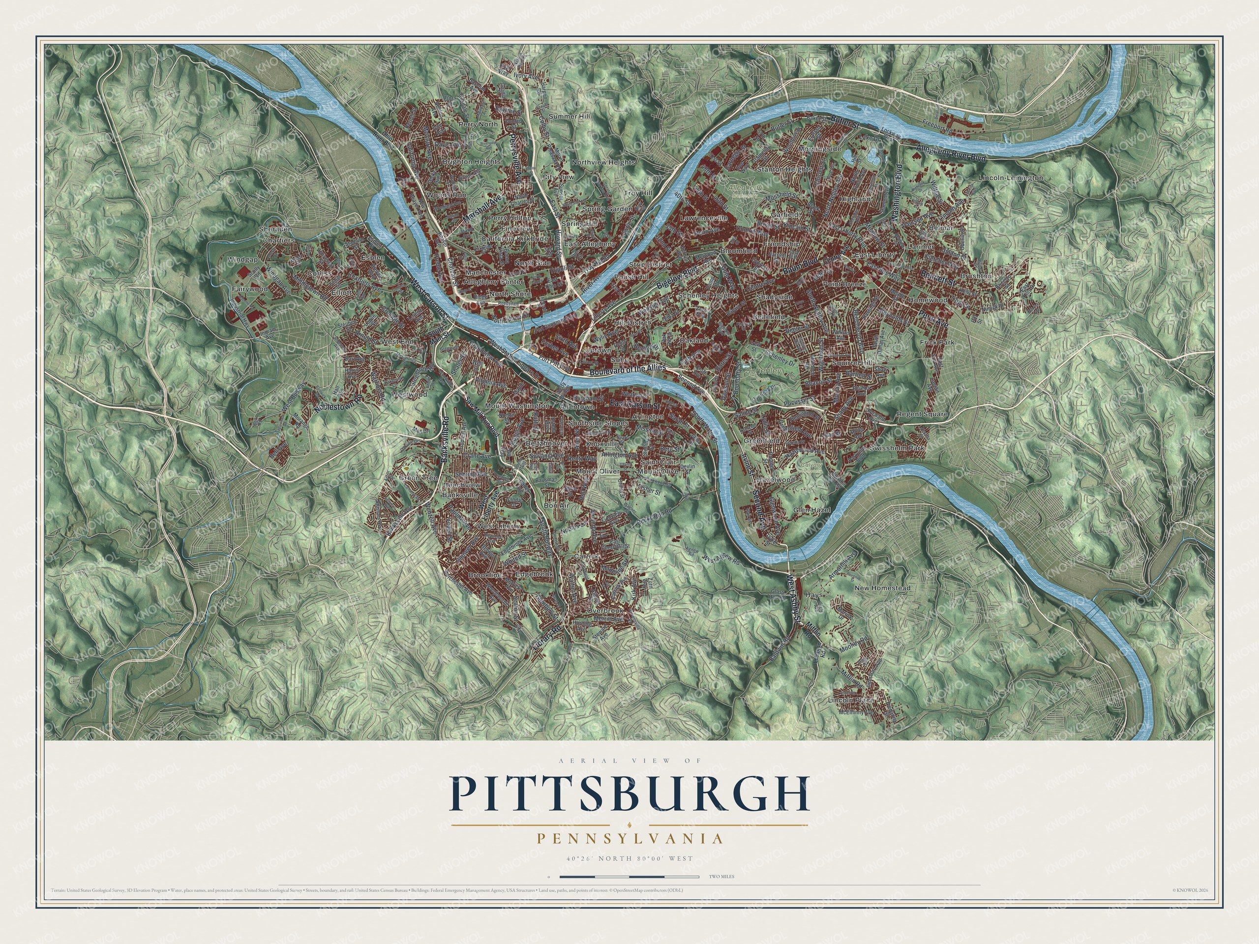 Map of Pittsburgh, Pennsylvania with red buildings on shaded green hills where two blue rivers meet and flow northwest as one